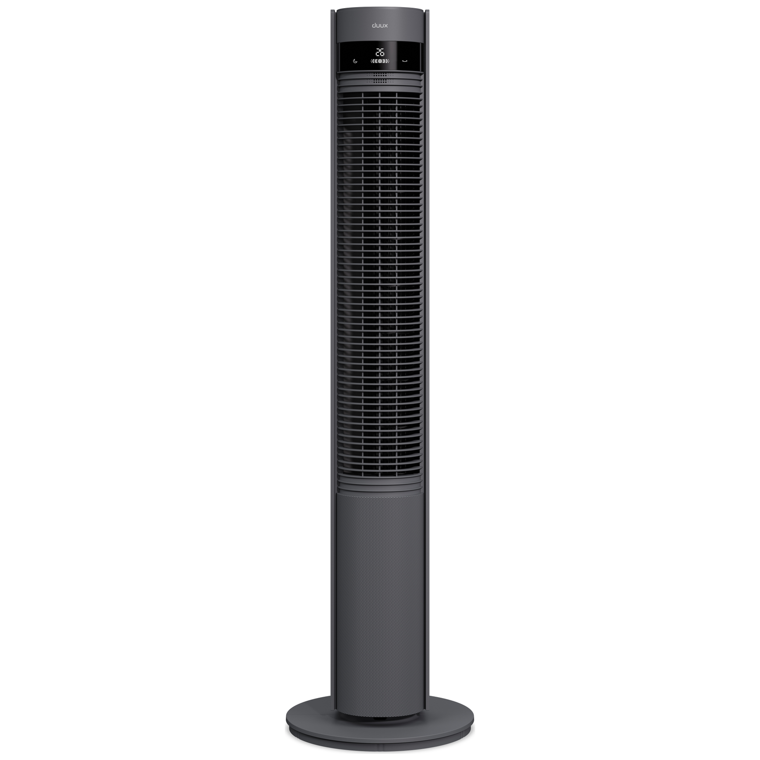 A sleek, dark tower fan with a digital display, standing on a round base.