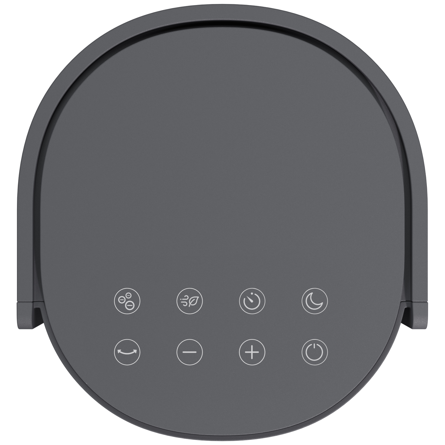 Gray control panel with touch icons: fan, wind, timer, night mode, arrow, minus, plus, power.