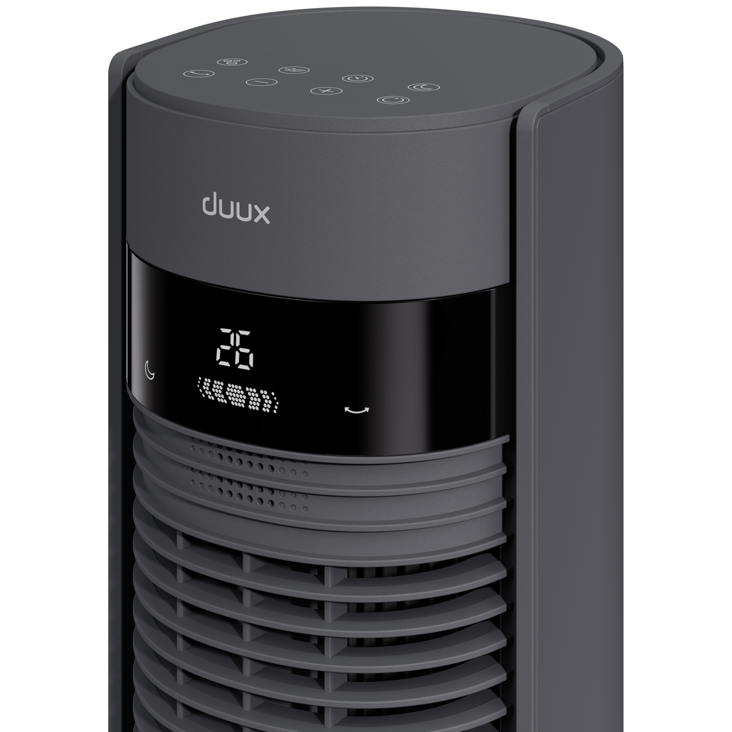 A dark gray tower fan with a digital display showing 26 degrees.