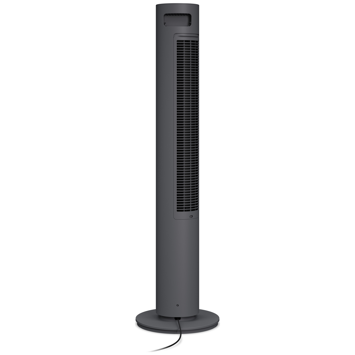 A sleek, gray tower fan with a black cord stands on a round base.