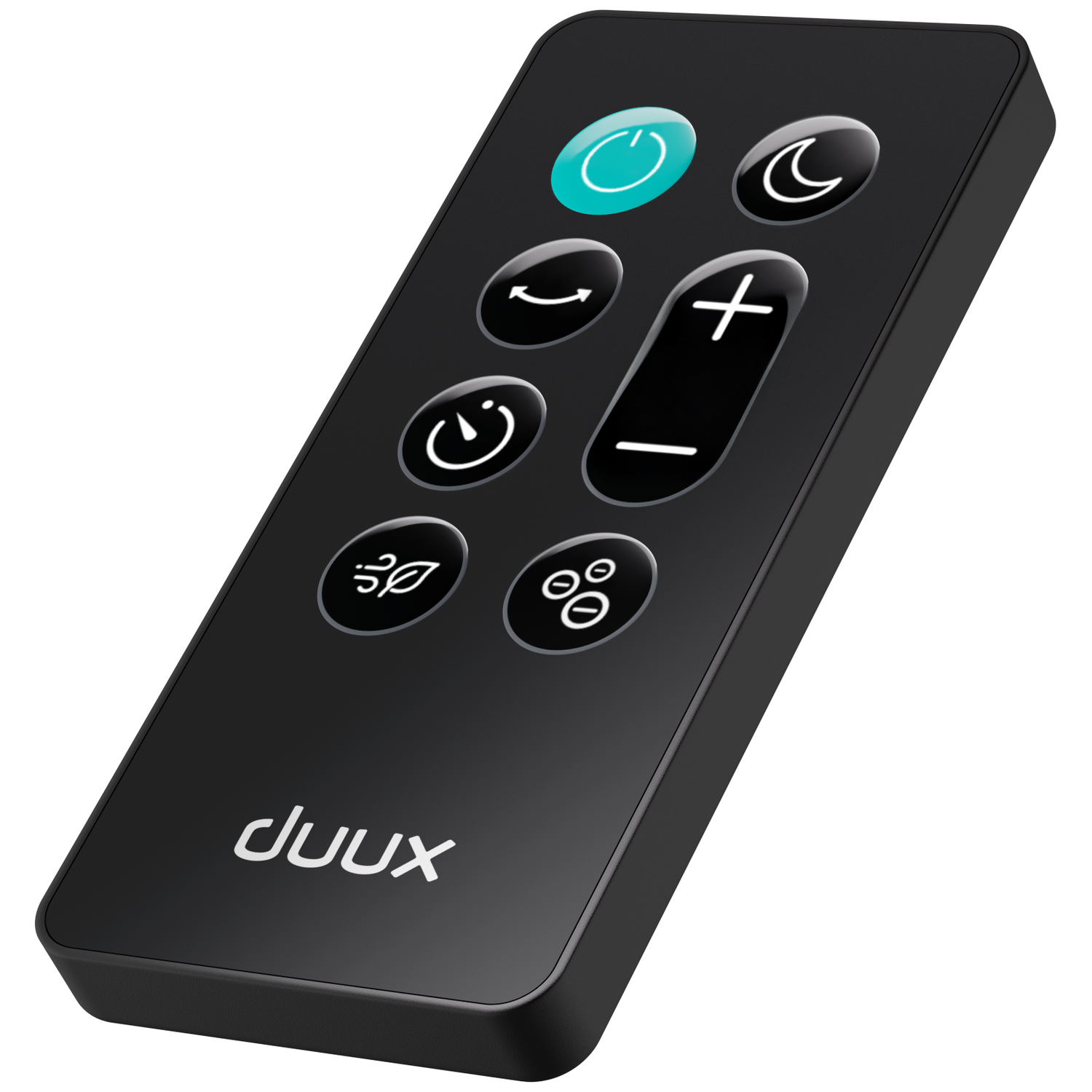 Black remote control with icons for power, moon, arrow, plus/minus, leaf, and circles.