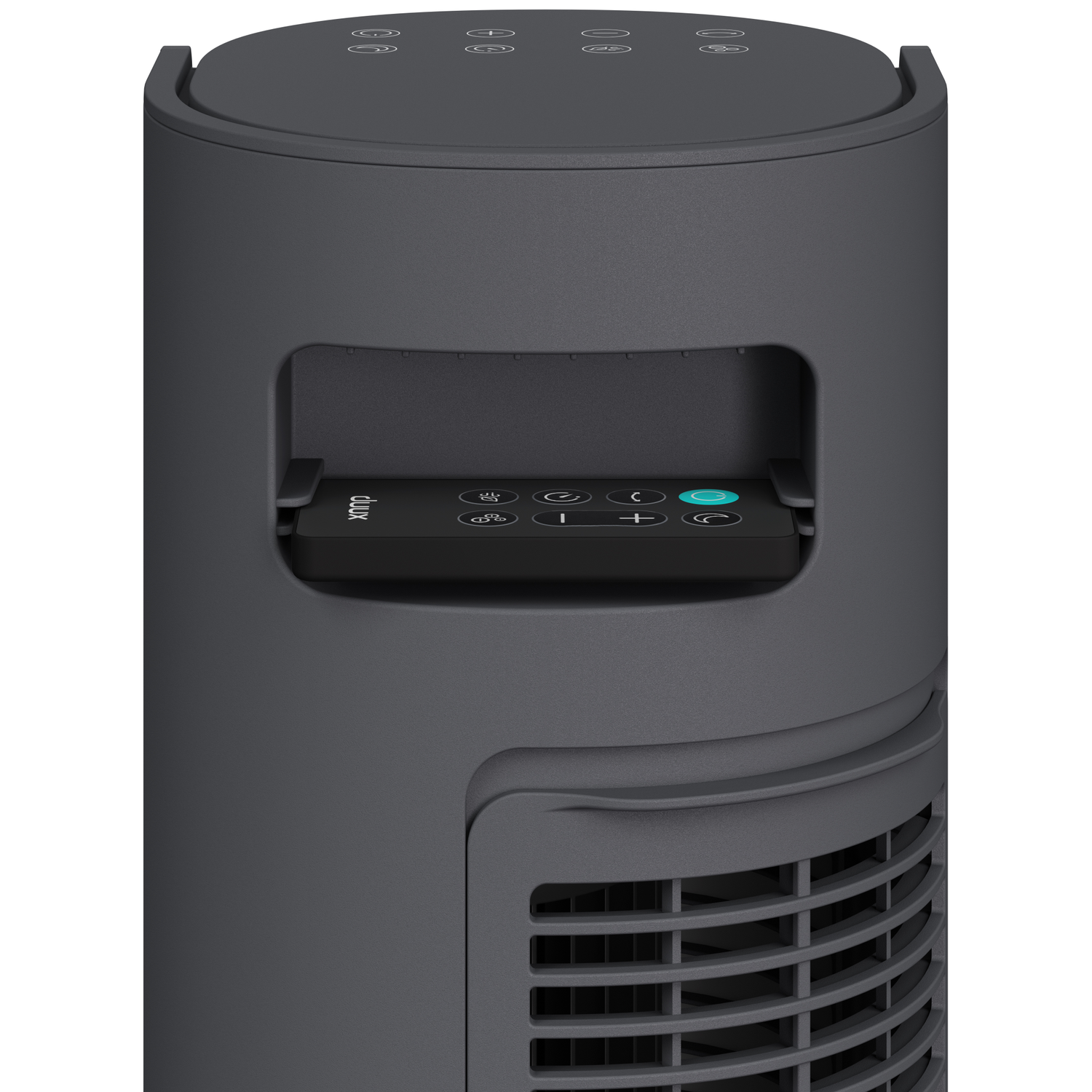 Gray tower fan with black remote control in compartment.