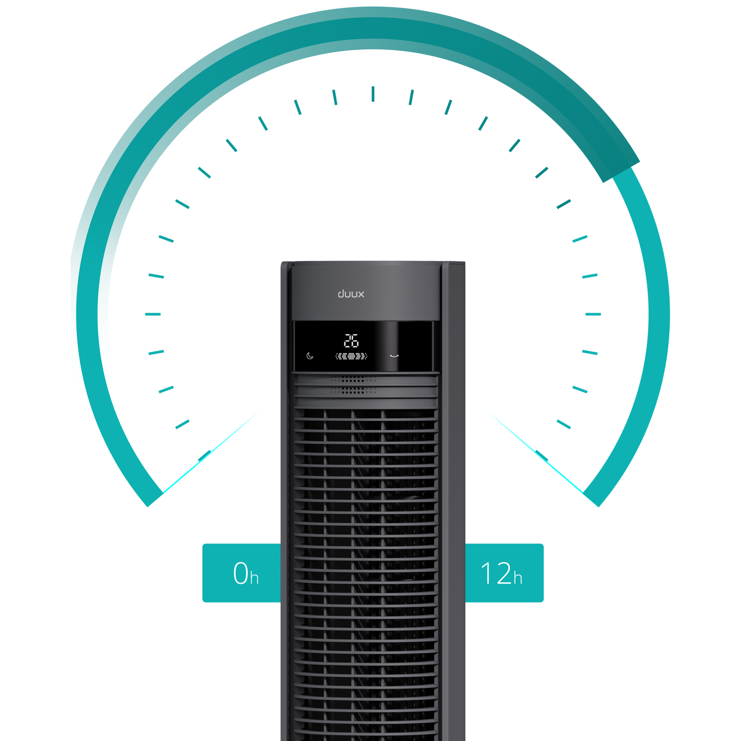 A black tower fan with a digital display showing '26' and icons, framed by a teal arc indicating 0h to 12h.
