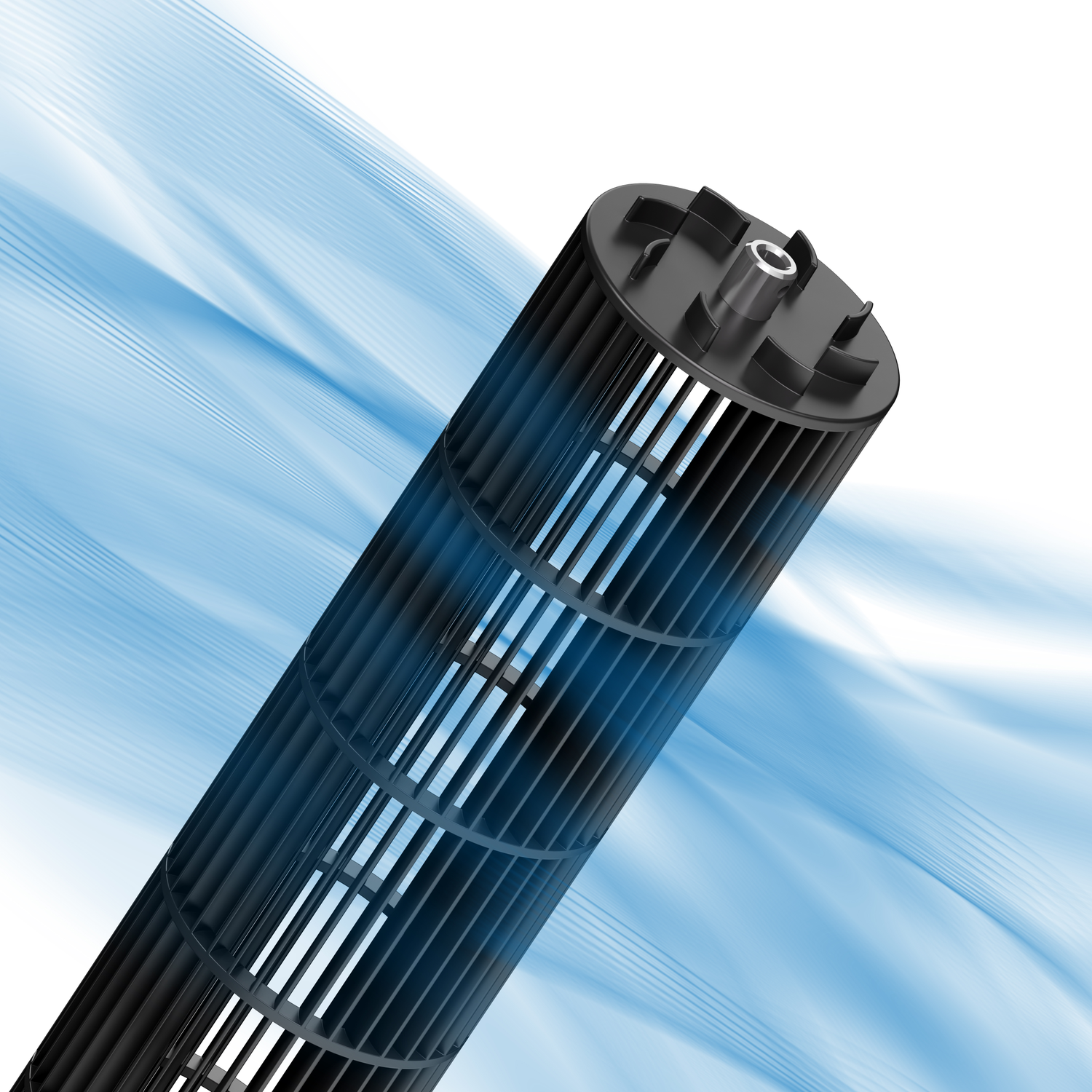 A black fan impeller with fins against a blue background.
