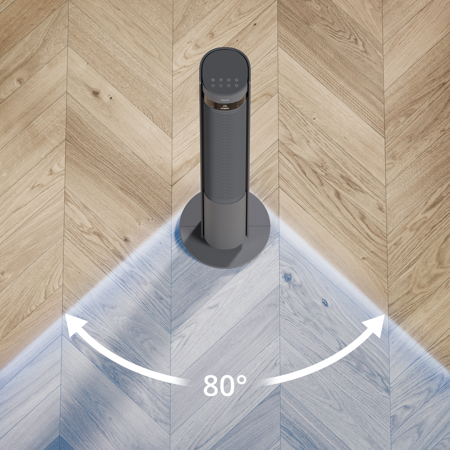 A dark tower fan stands on a herringbone wood floor. A light beam shows an 80-degree oscillation range.