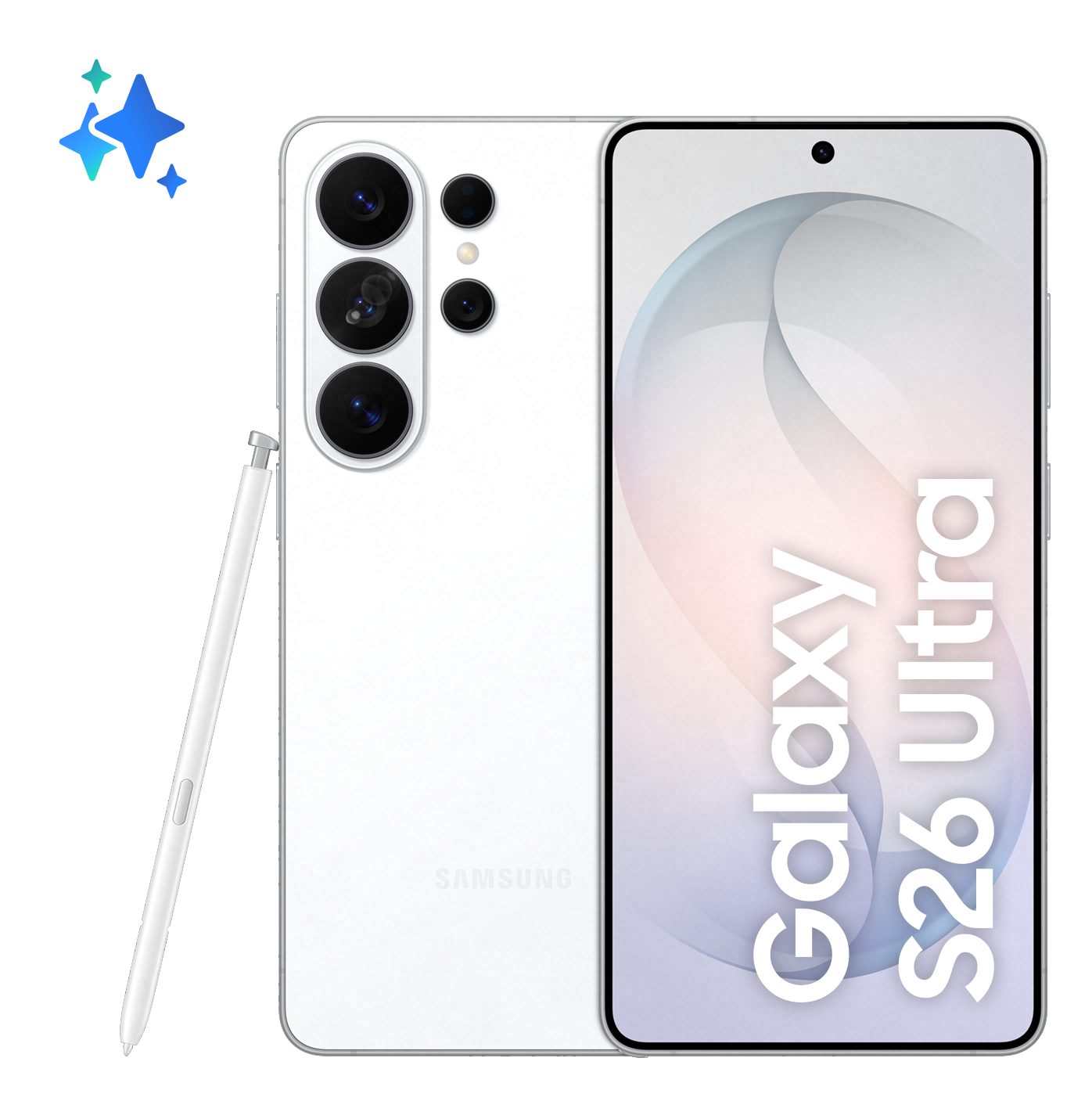 Biały Samsung Galaxy S26 Ultra ze stylusem, czarne tło i błyskotki.