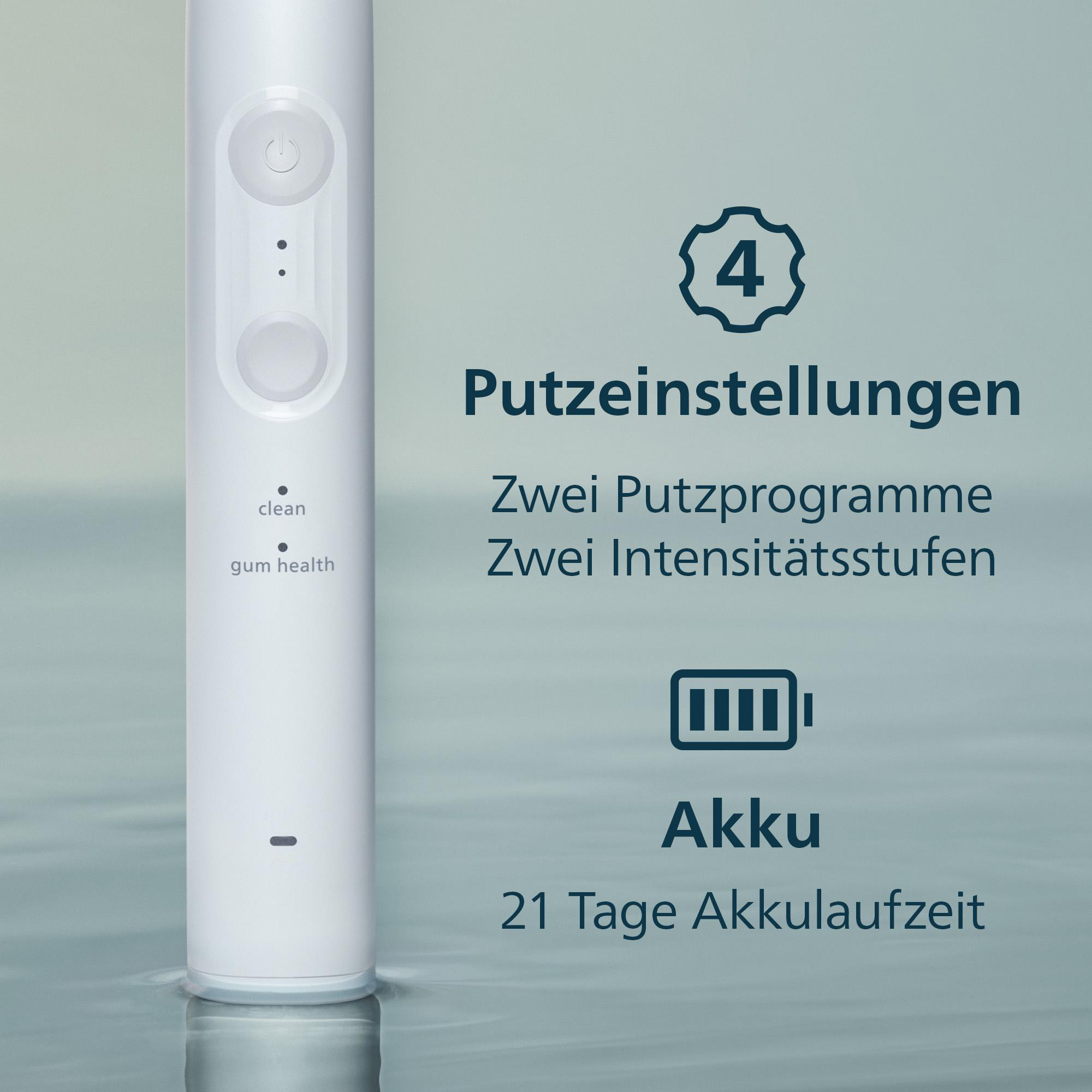 Weiße Zahnbürste mit Ladeanzeige, 4 Putzeinstellungen, Akku 21 Tage.