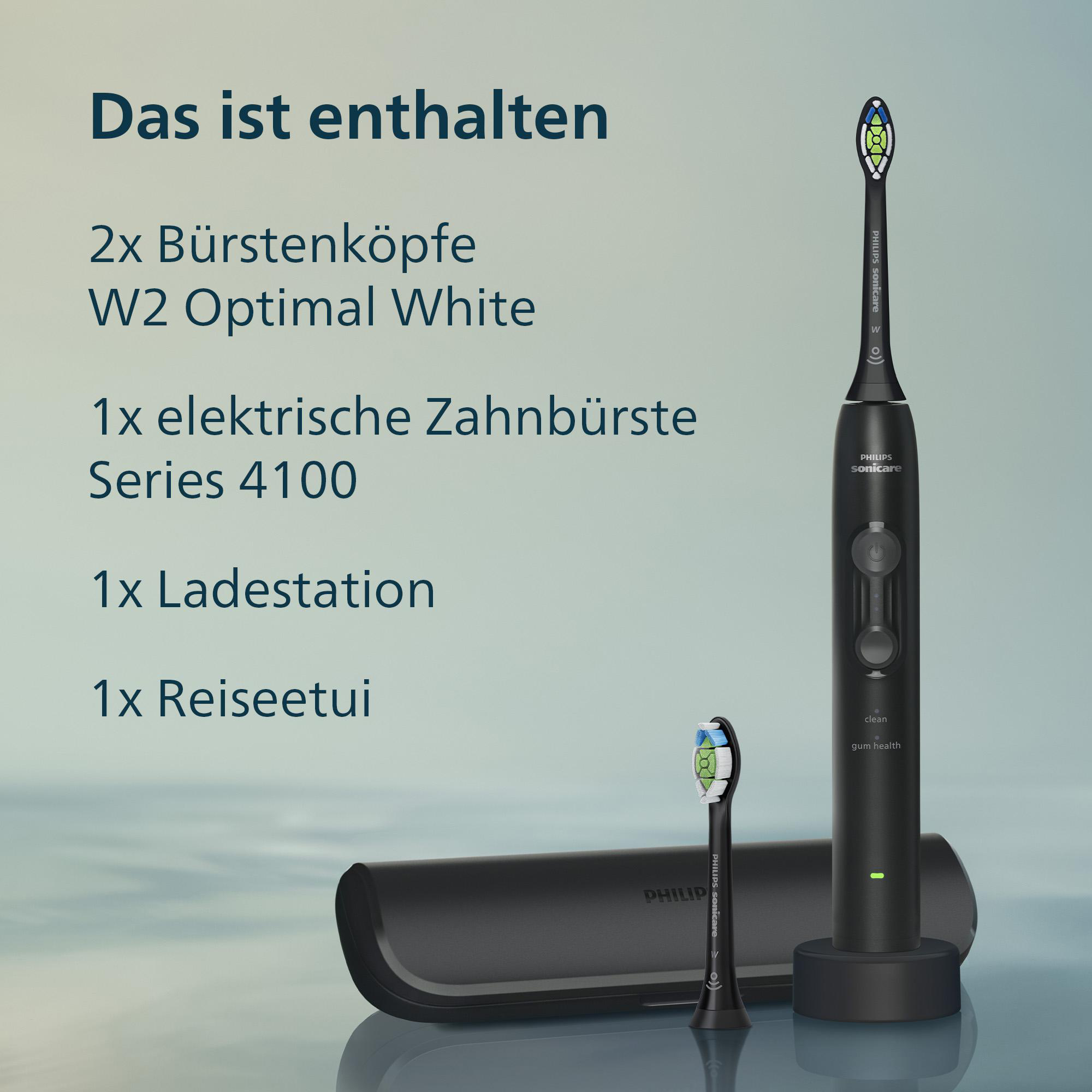Eine schwarze Philips Sonicare elektrische Zahnbürste, ein zusätzlicher Bürstenkopf und ein Reiseetui sind abgebildet.