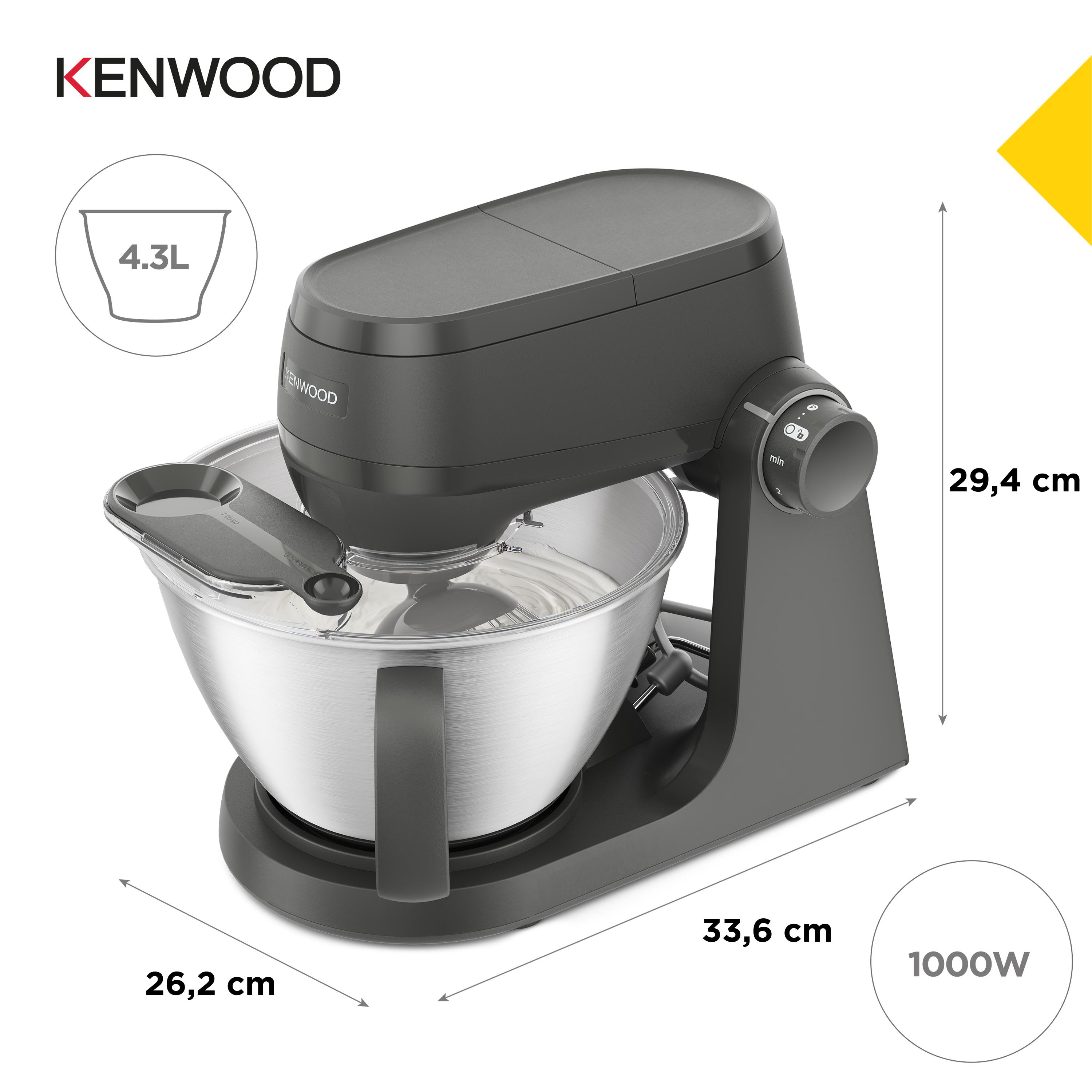 Grauer Kenwood Küchenmaschinenständer mit Edelstahlschüssel und Rührbesen.
