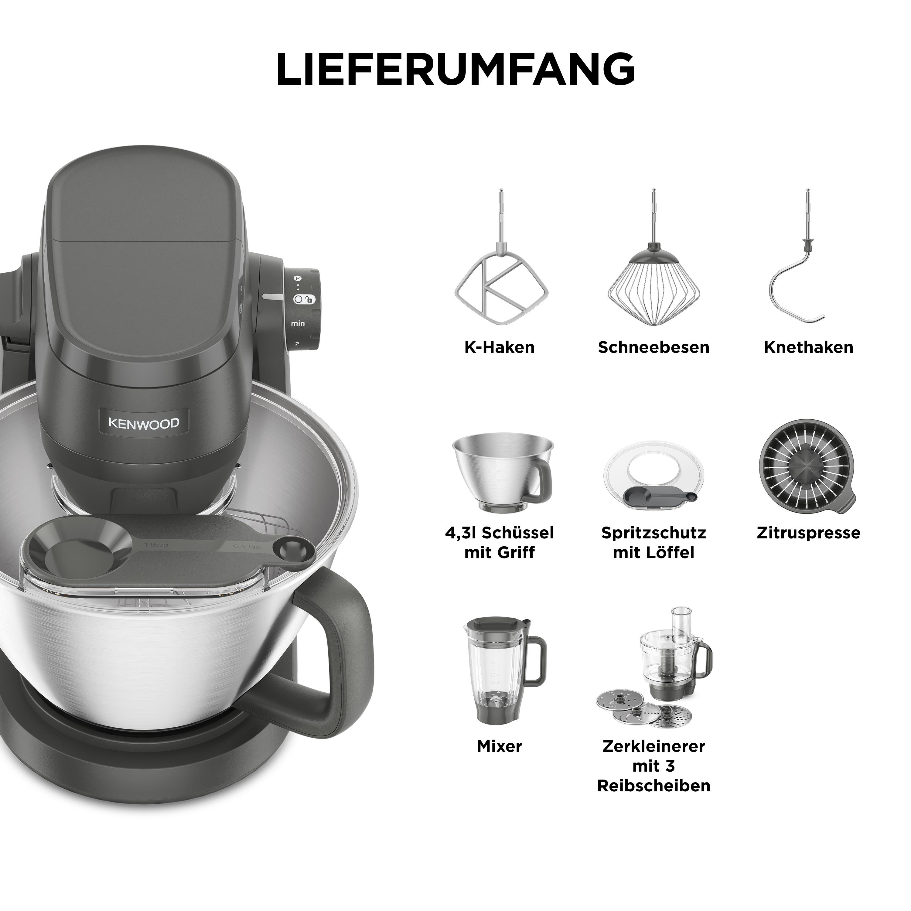 Eine graue Kenwood Küchenmaschine mit Edelstahlschüssel und Zubehör, darunter Schneebesen, Knethaken, Zitruspresse und Mixer.