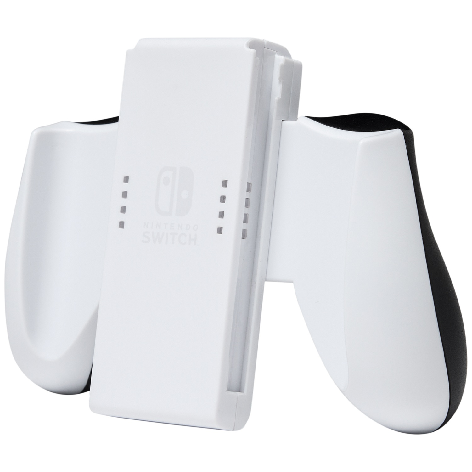 A white Nintendo Switch grip controller with a black grip.