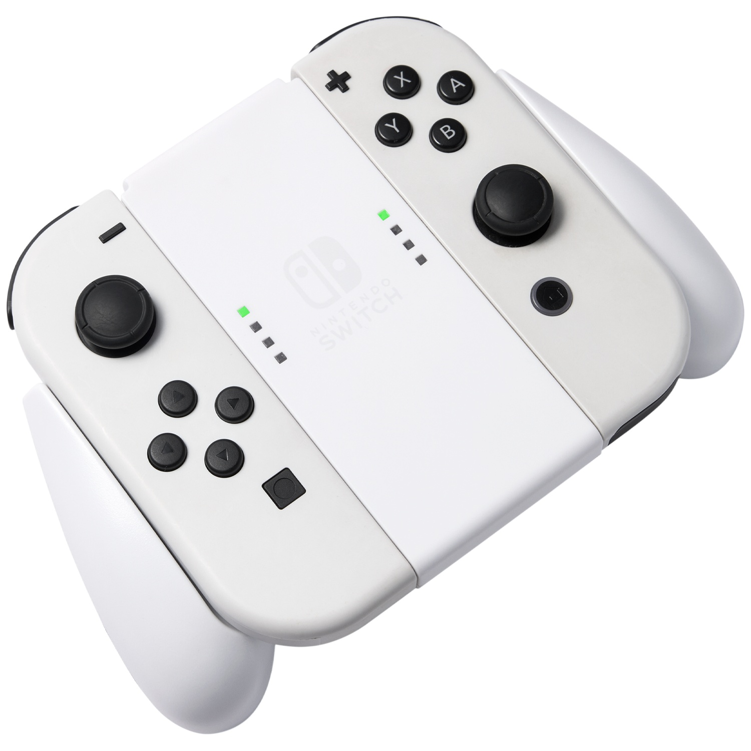 White Nintendo Switch controllers with black joysticks and buttons.