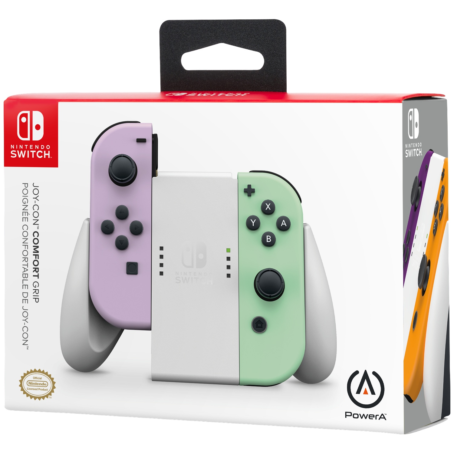 Nintendo Switch Joy-Con Comfort Grip with purple, white, and green controllers.