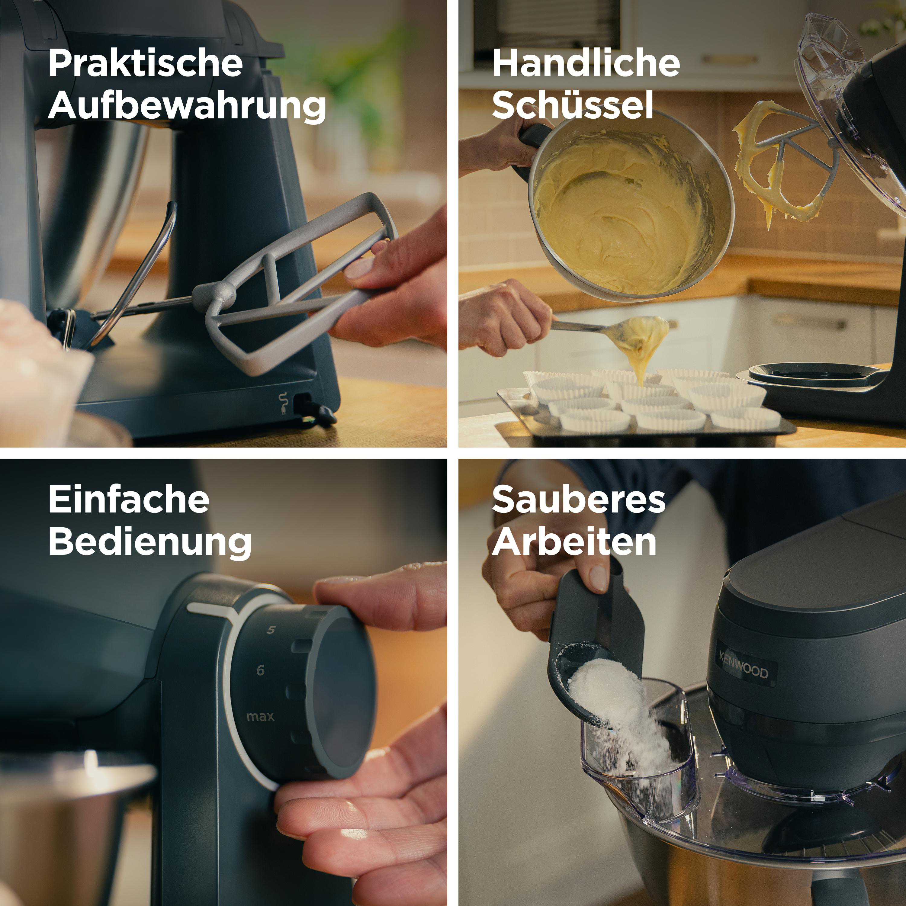 Küchenmaschine mit vier Bildausschnitten: Aufbewahrung, Teigschüssel, Bedienung, sauberes Arbeiten.