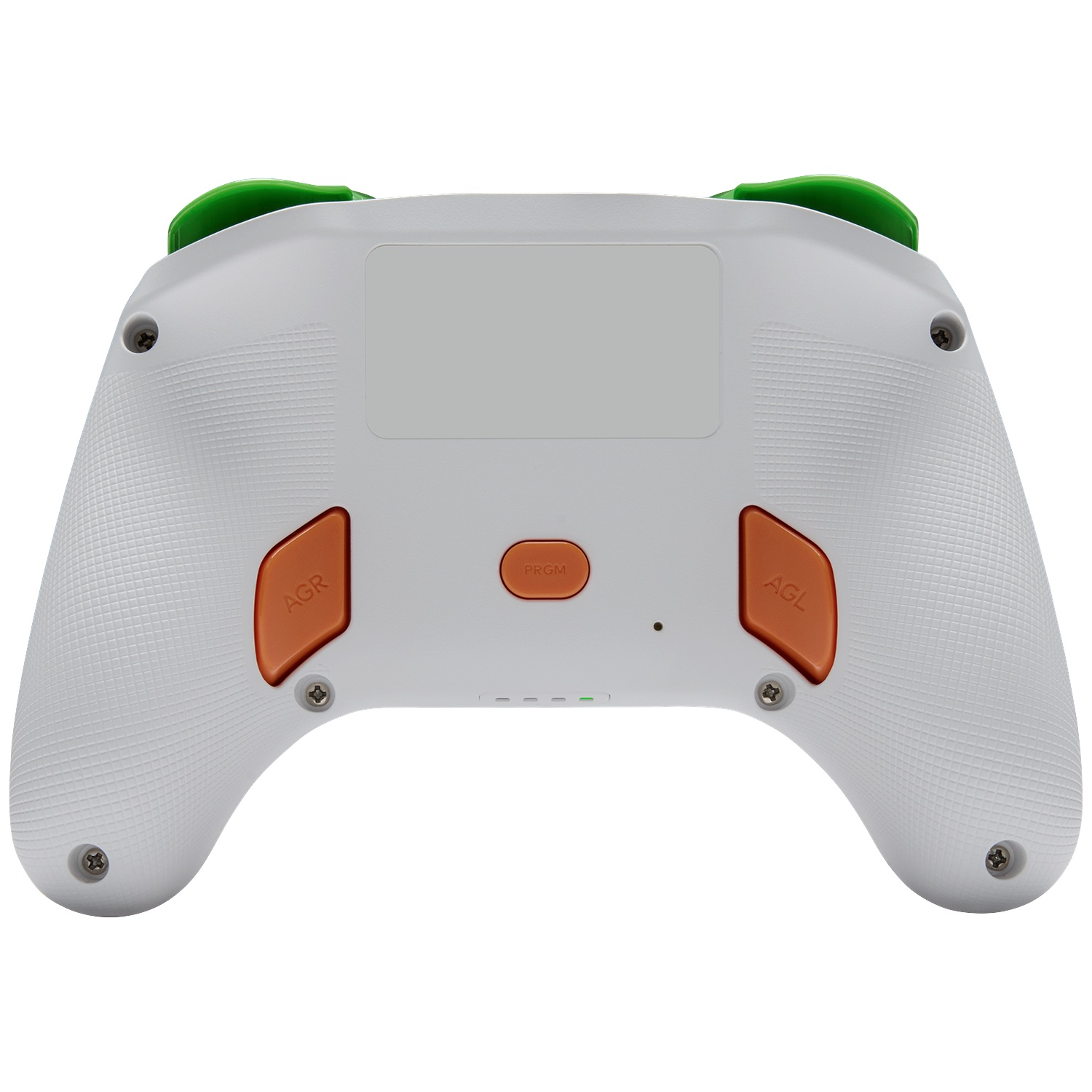 Dos de manette blanche avec accents verts et boutons orange.