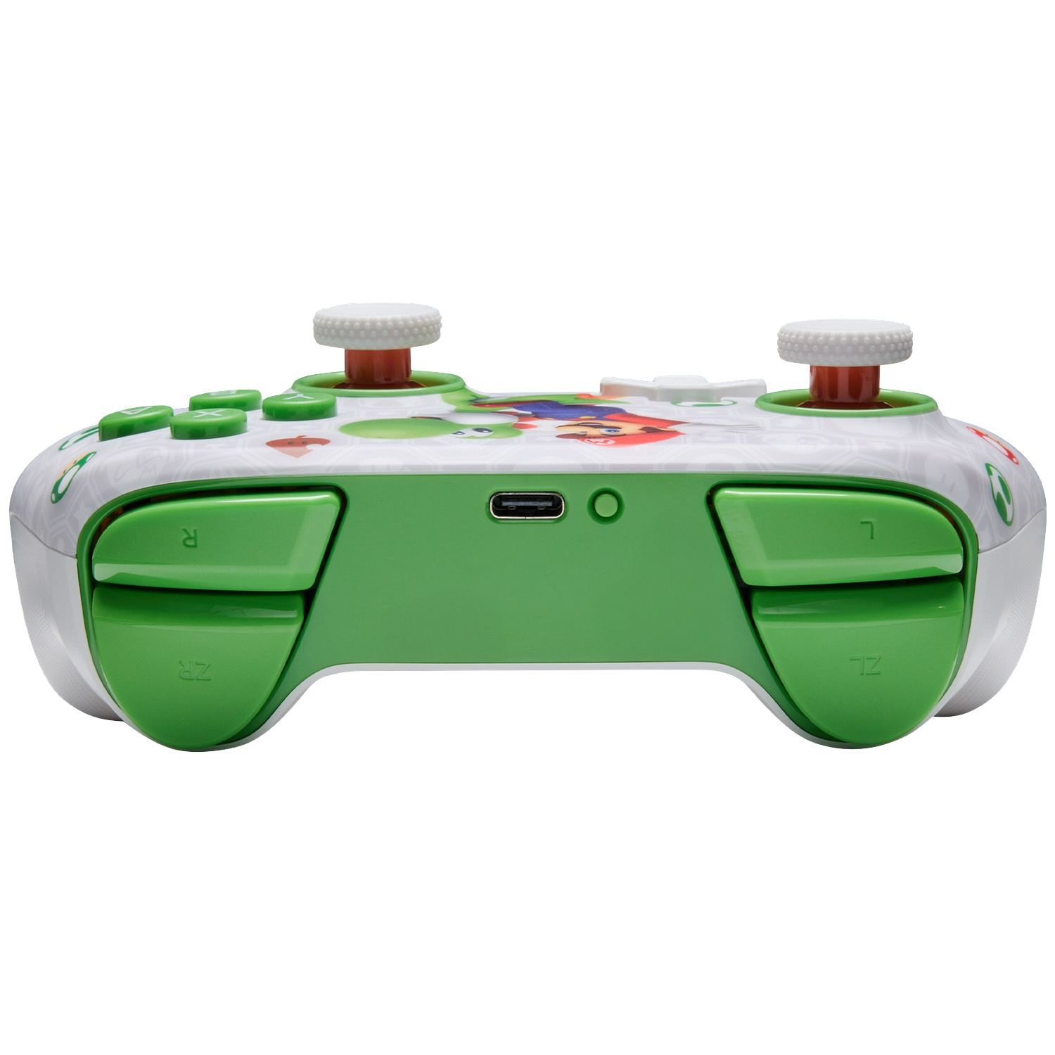 Une manette blanche Nintendo avec graphismes Mario et boutons verts.