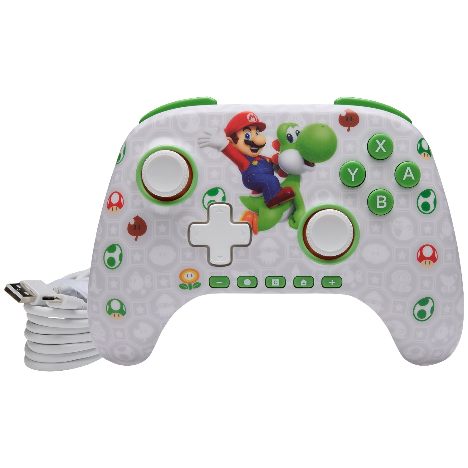 Manette blanche Nintendo avec Mario sur Yoshi, câble à gauche.