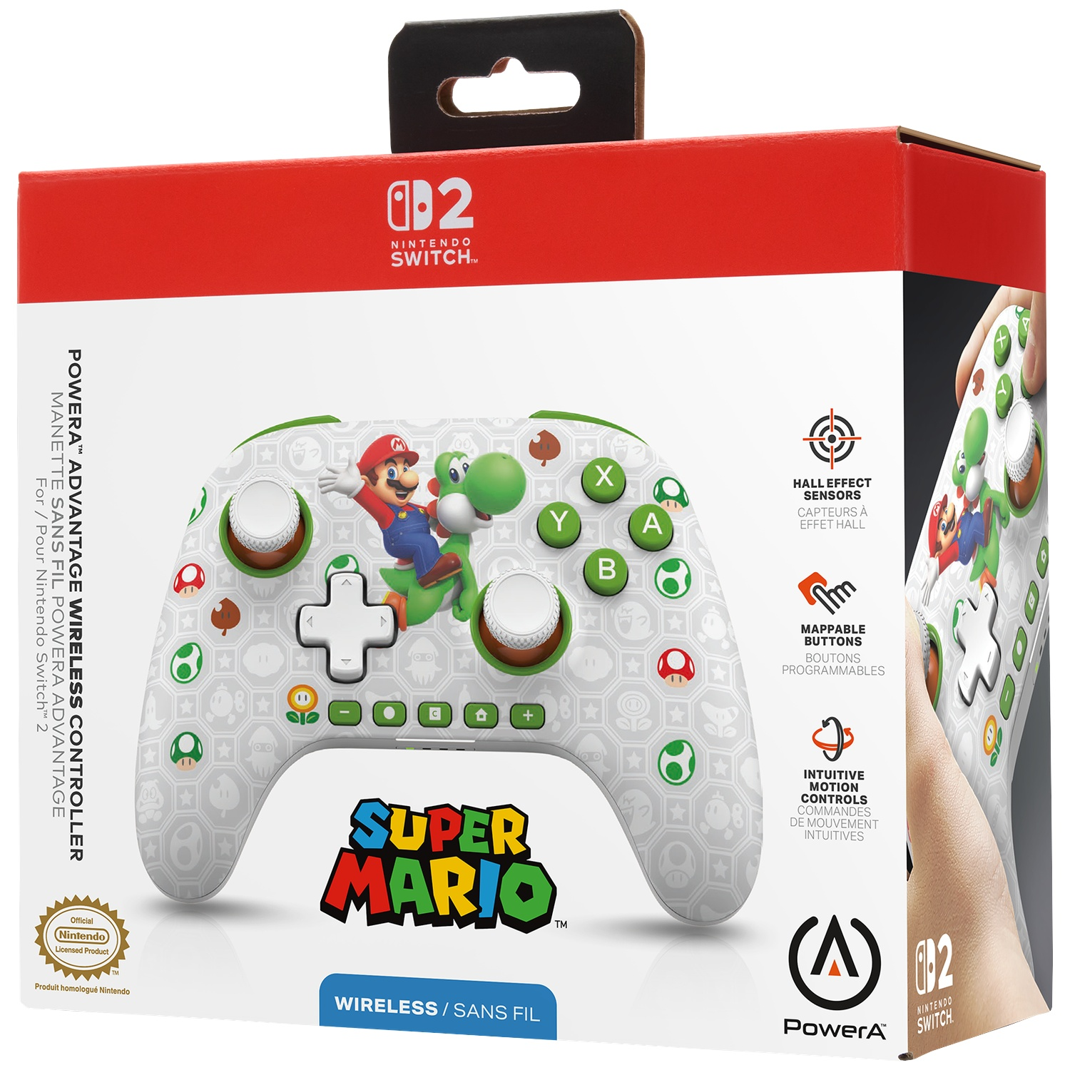 Manette Super Mario pour Nintendo Switch, avec Mario et Yoshi sur fond blanc.