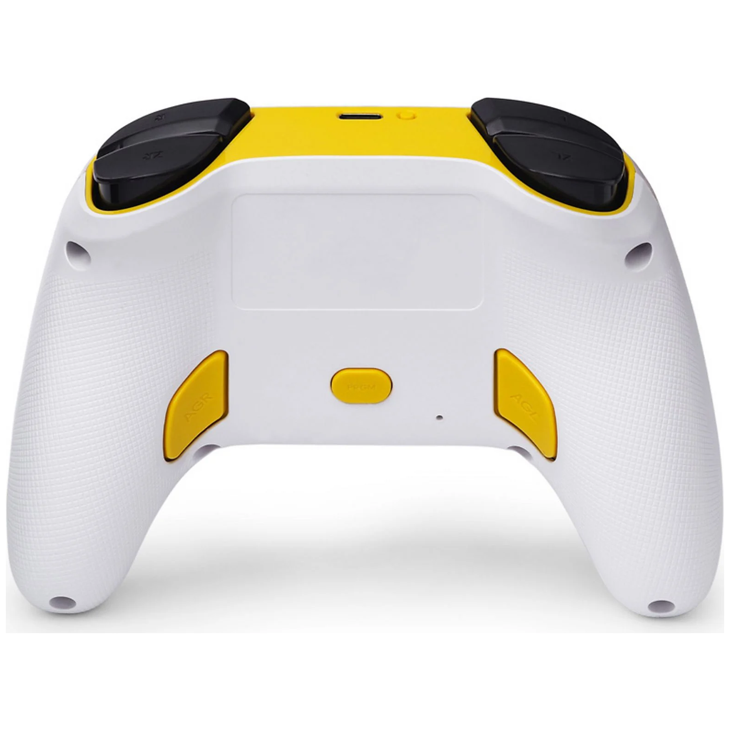 A white gaming controller with yellow accents and black buttons.