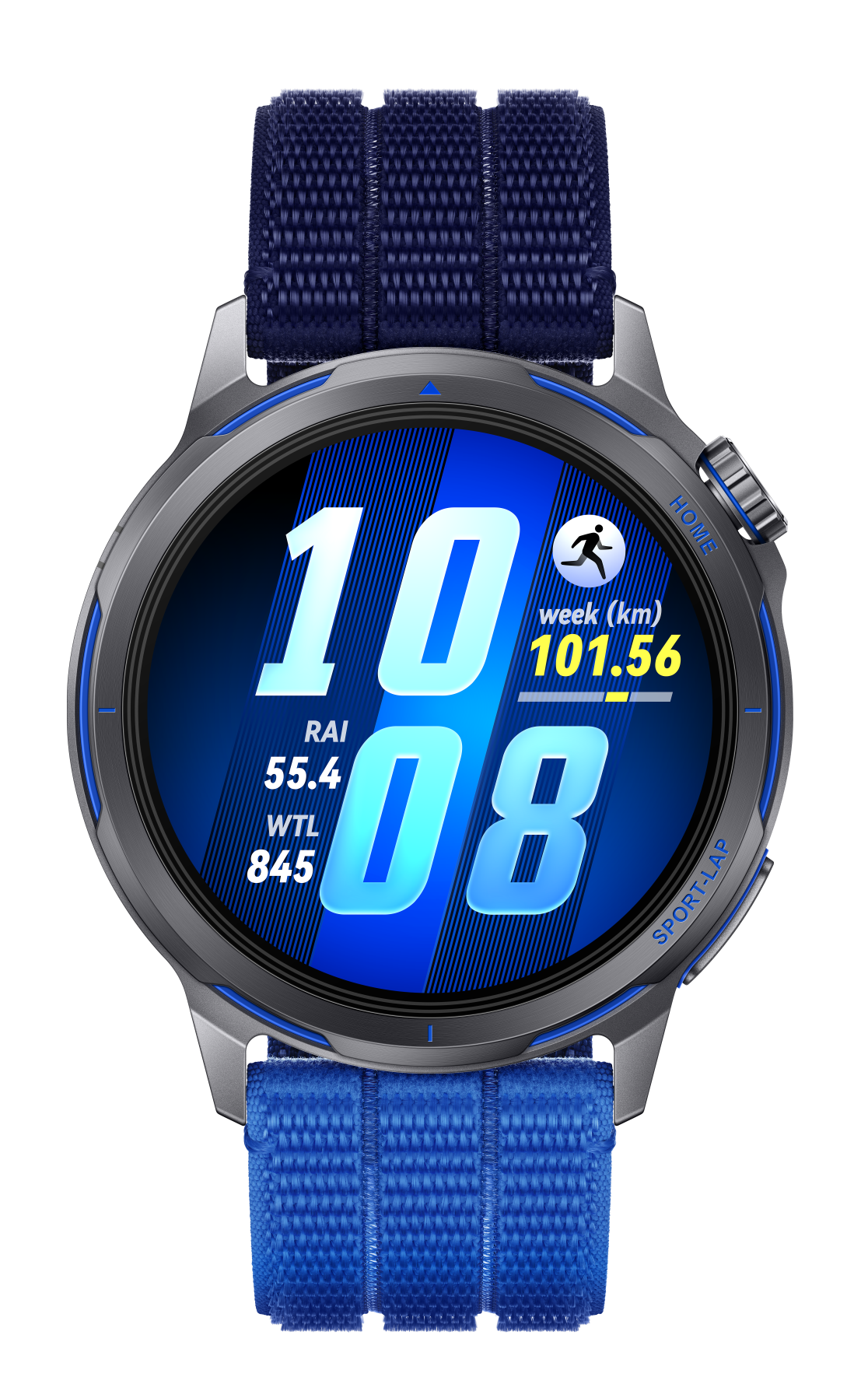 Szary smartwatch z niebieskim paskiem wyświetla 10:08 i dane sportowe.