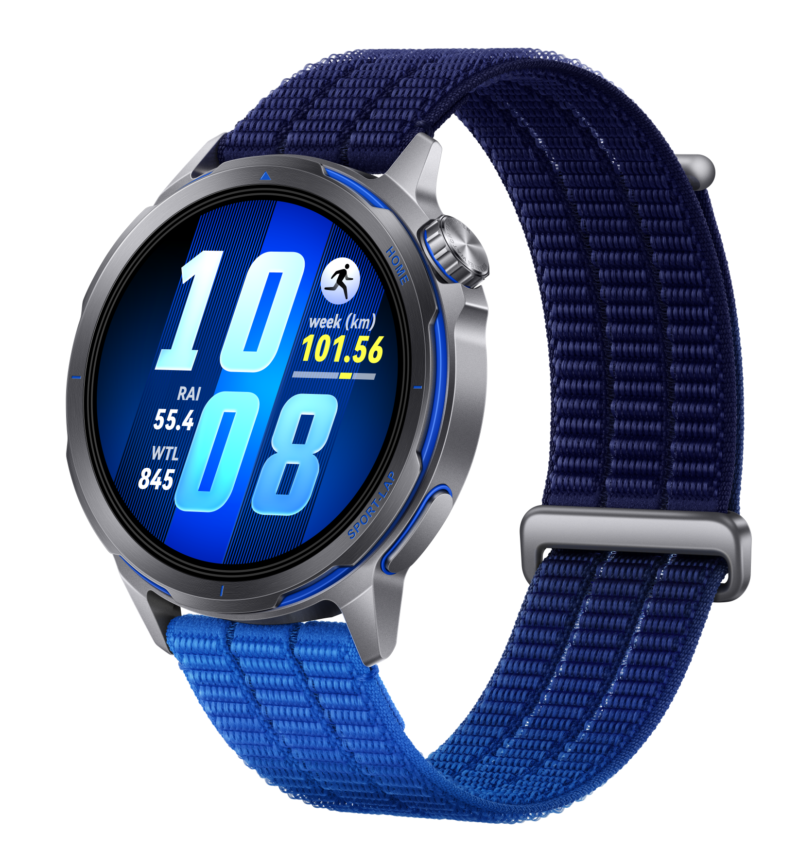 Sportowy smartwatch z niebieską tkaną bransoletą i srebrną obudową.