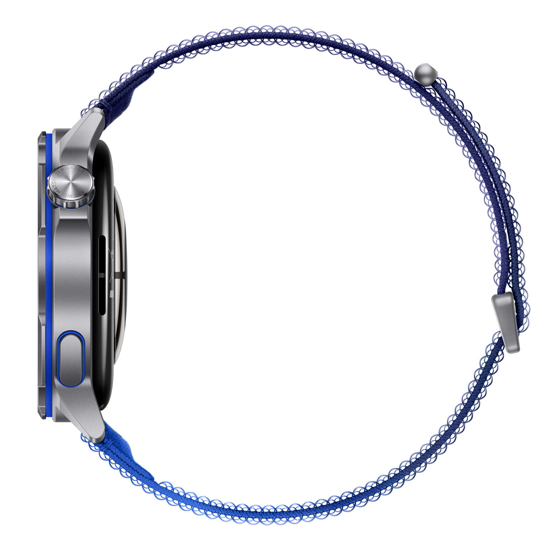 Srebrny smartwatch z niebieskim paskiem i klamrą na czarnym tle.