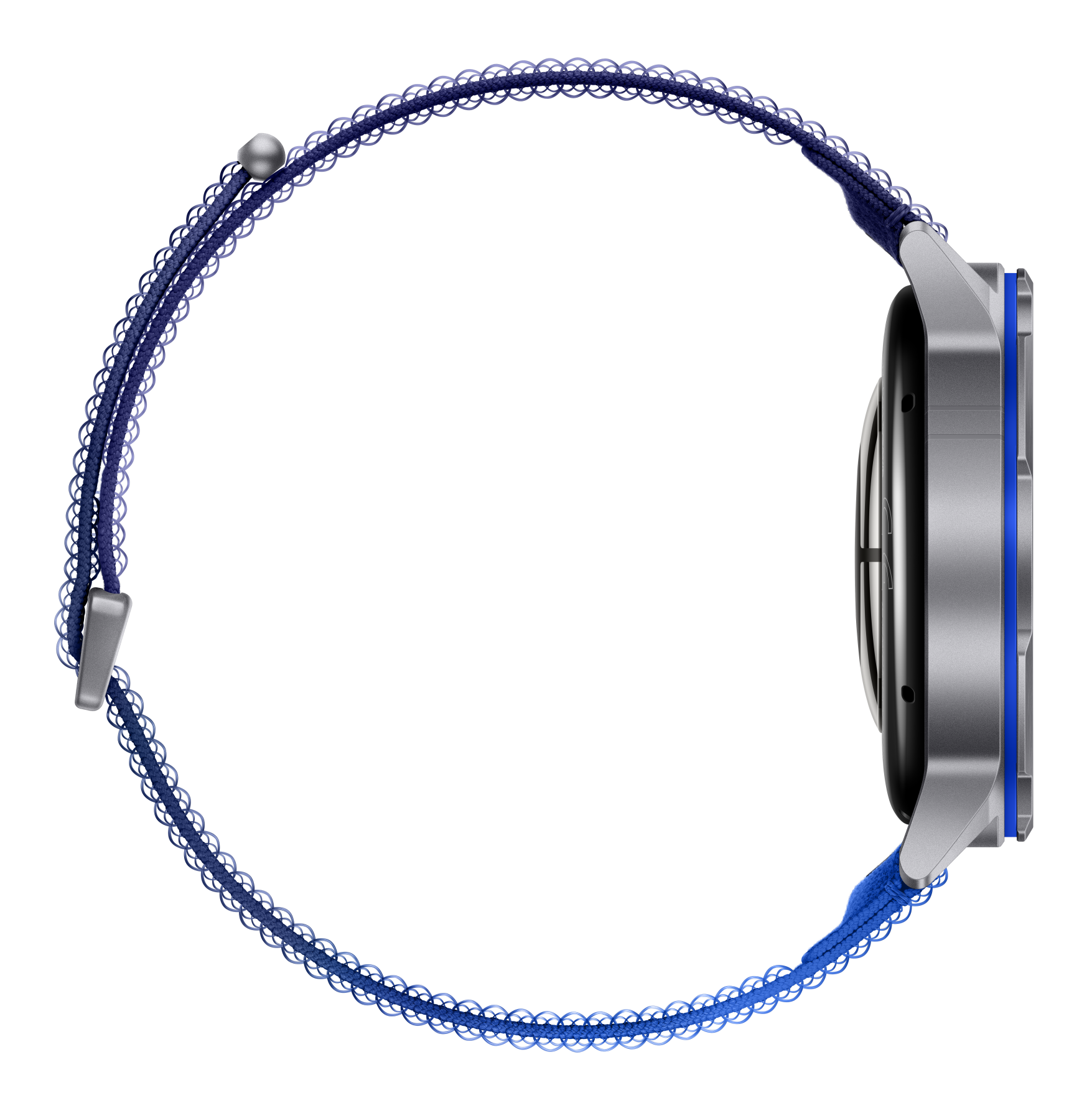 Srebrny zegarek z niebieską plecioną bransoletą i wzorem fal na czarnym tle.