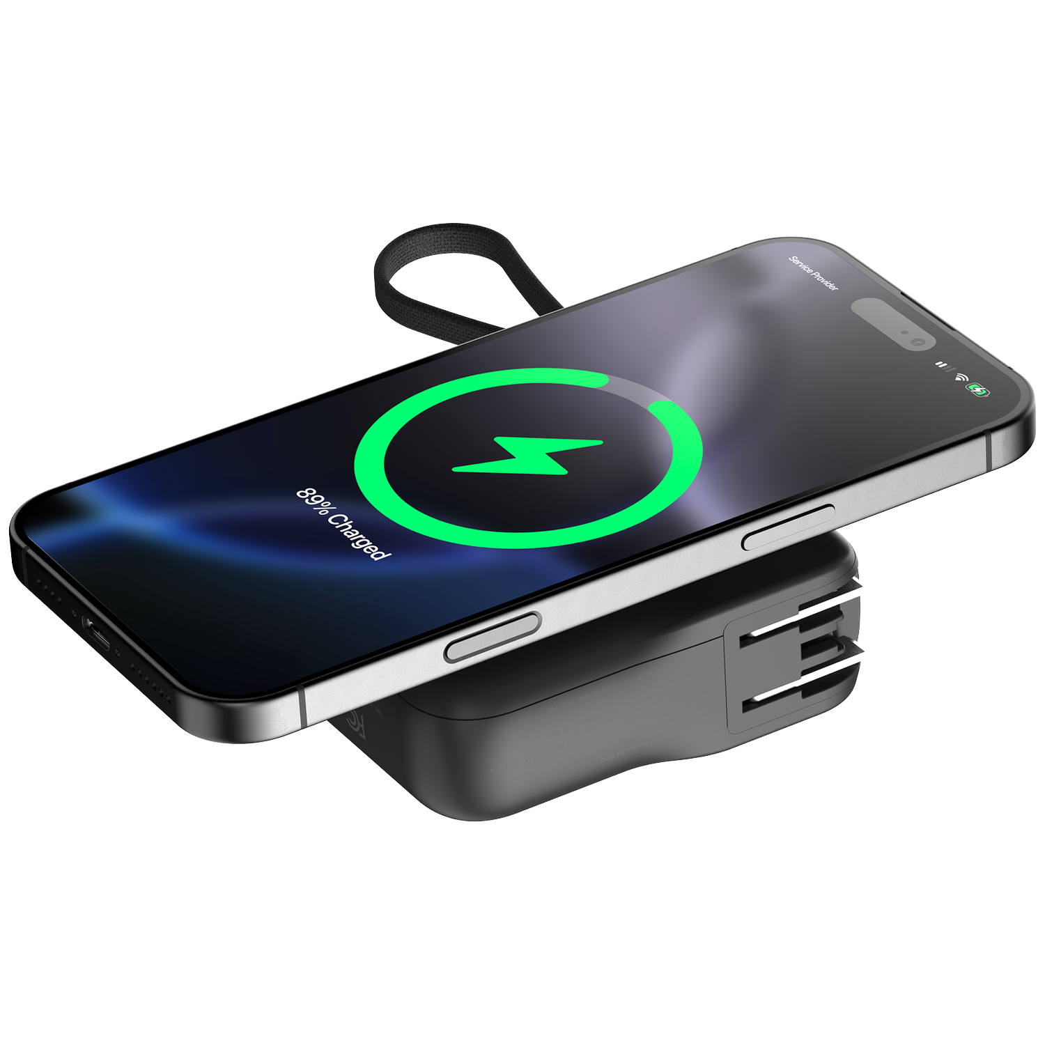 A smartphone is wirelessly charging on a black power bank device.