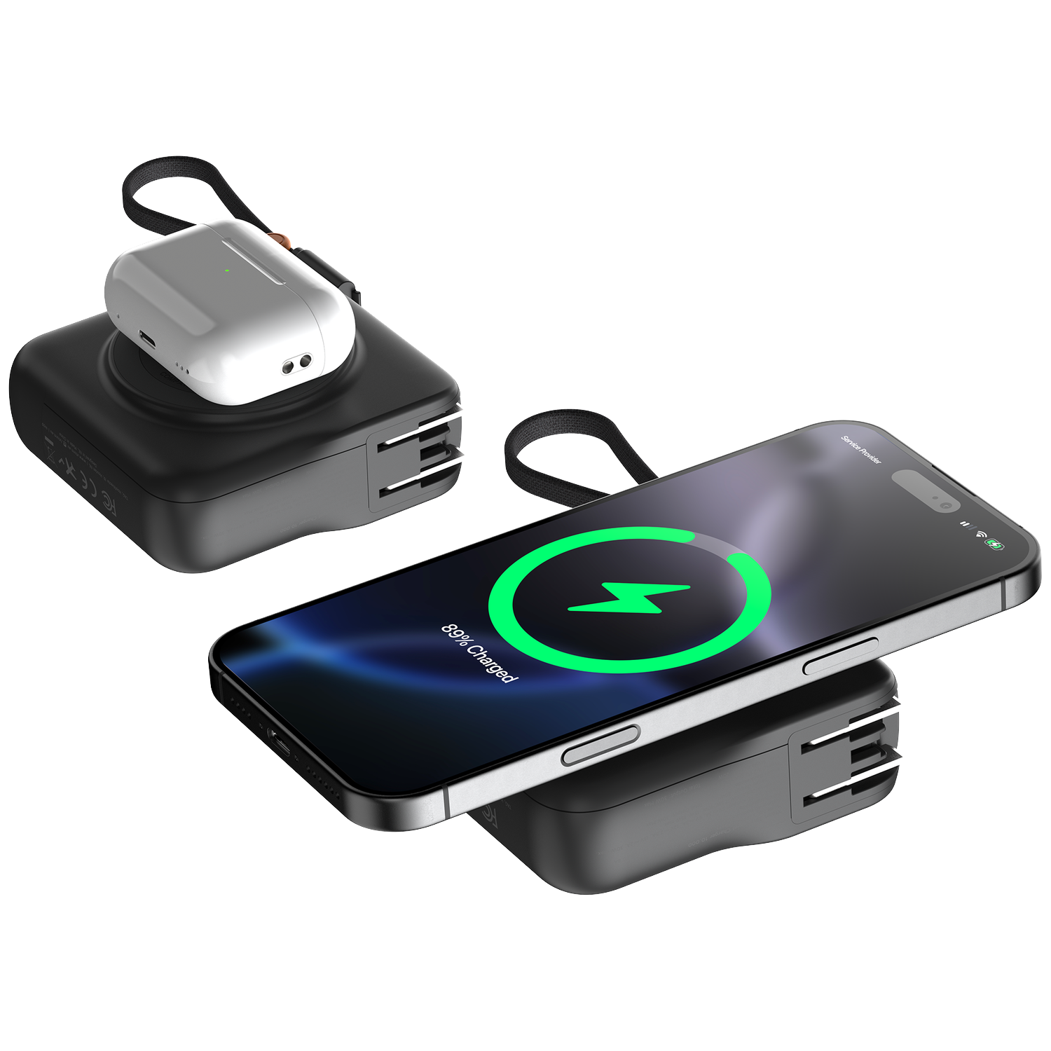 A black charger with a white earbud case and a smartphone on top.