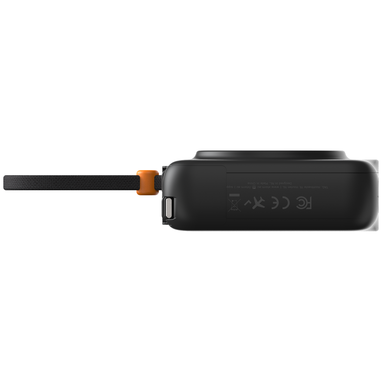 Black device with strap. FCC CE marking and Made in China.