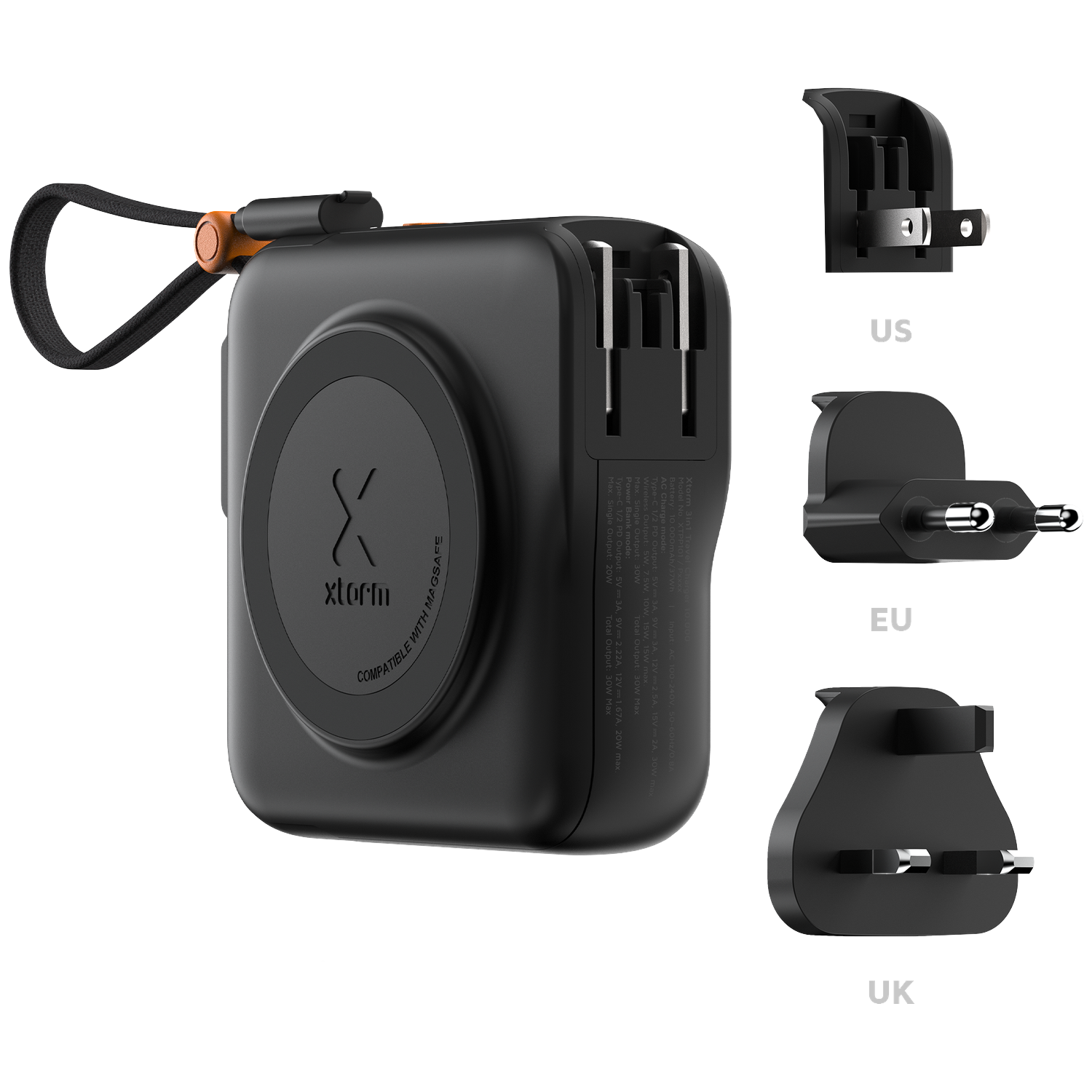 Black travel adapter with MagSafe compatibility and US, EU, UK plugs.