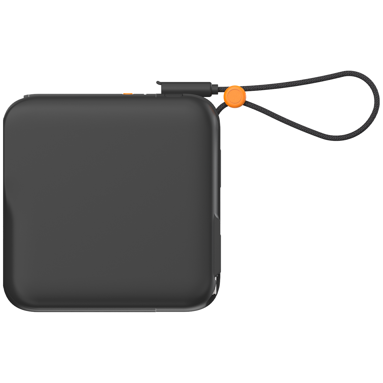 Black box with orange strap and button.