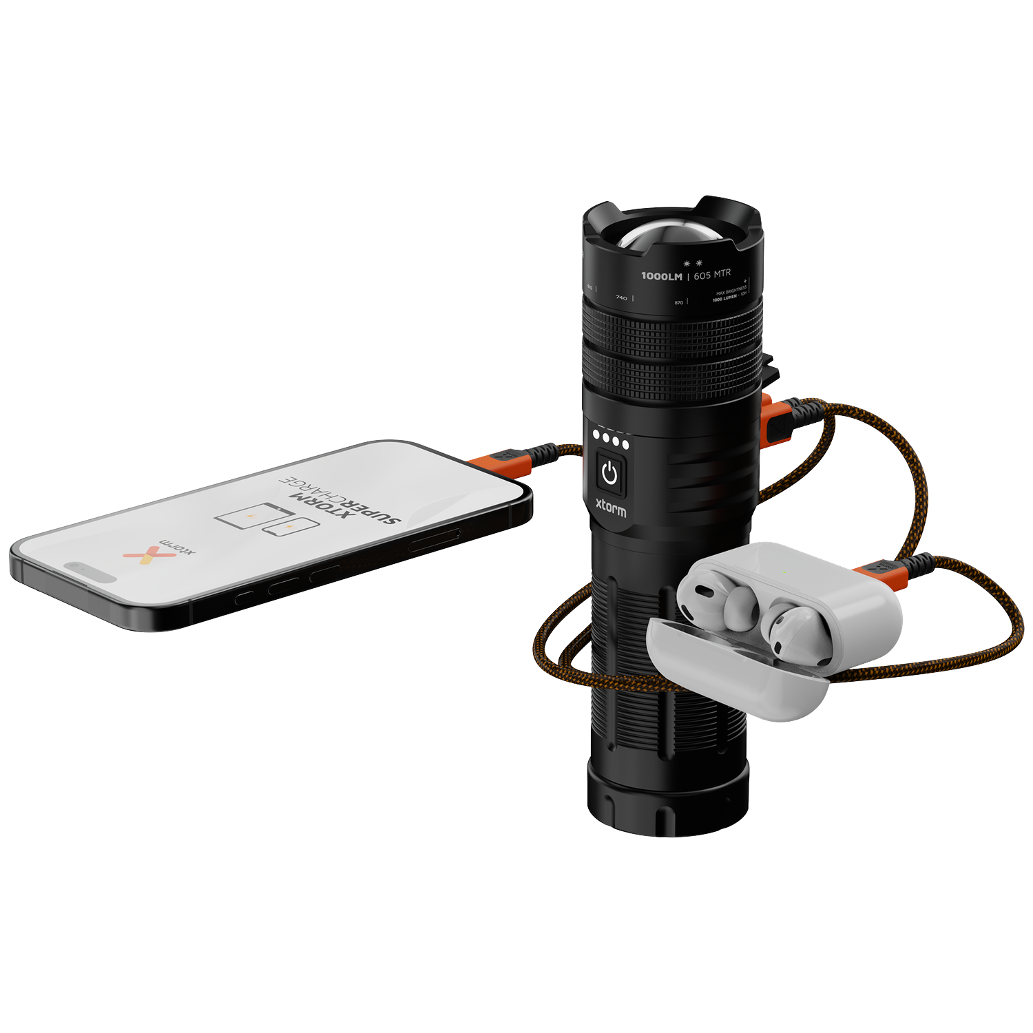 Black flashlight charges a smartphone and earbuds. White earbuds in charging case.