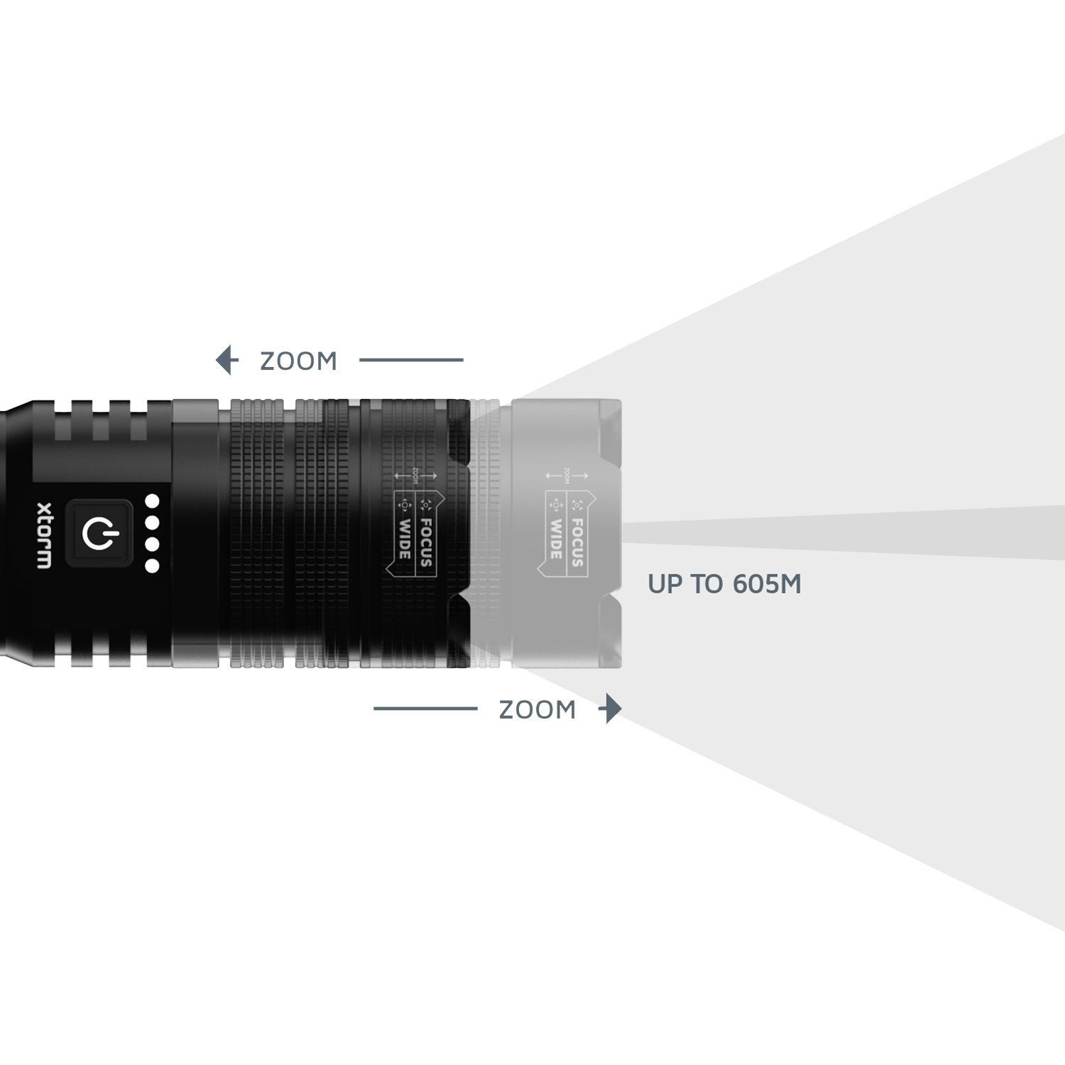 Black flashlight with zoom feature and range up to 605m.