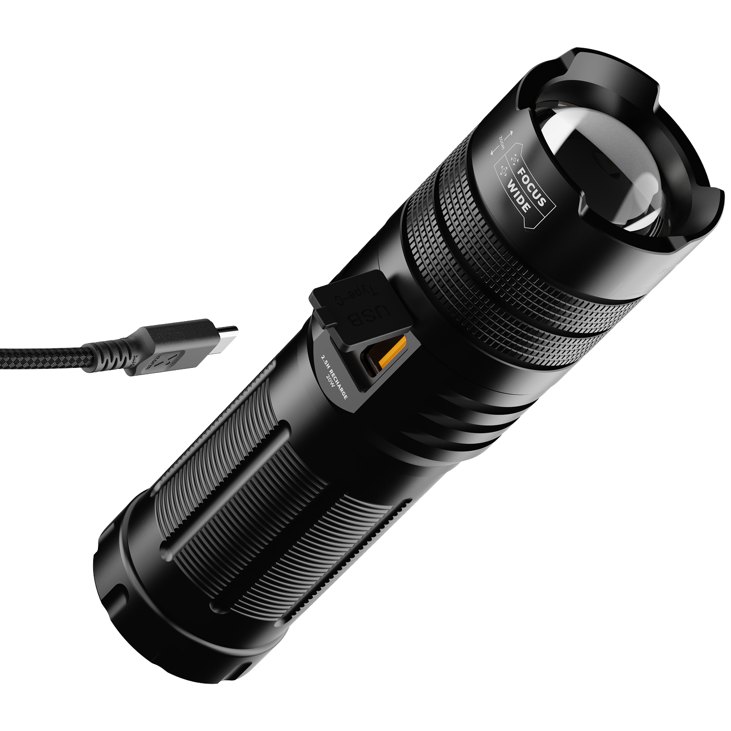 Black flashlight with USB-C cable, focus and wide angle settings.
