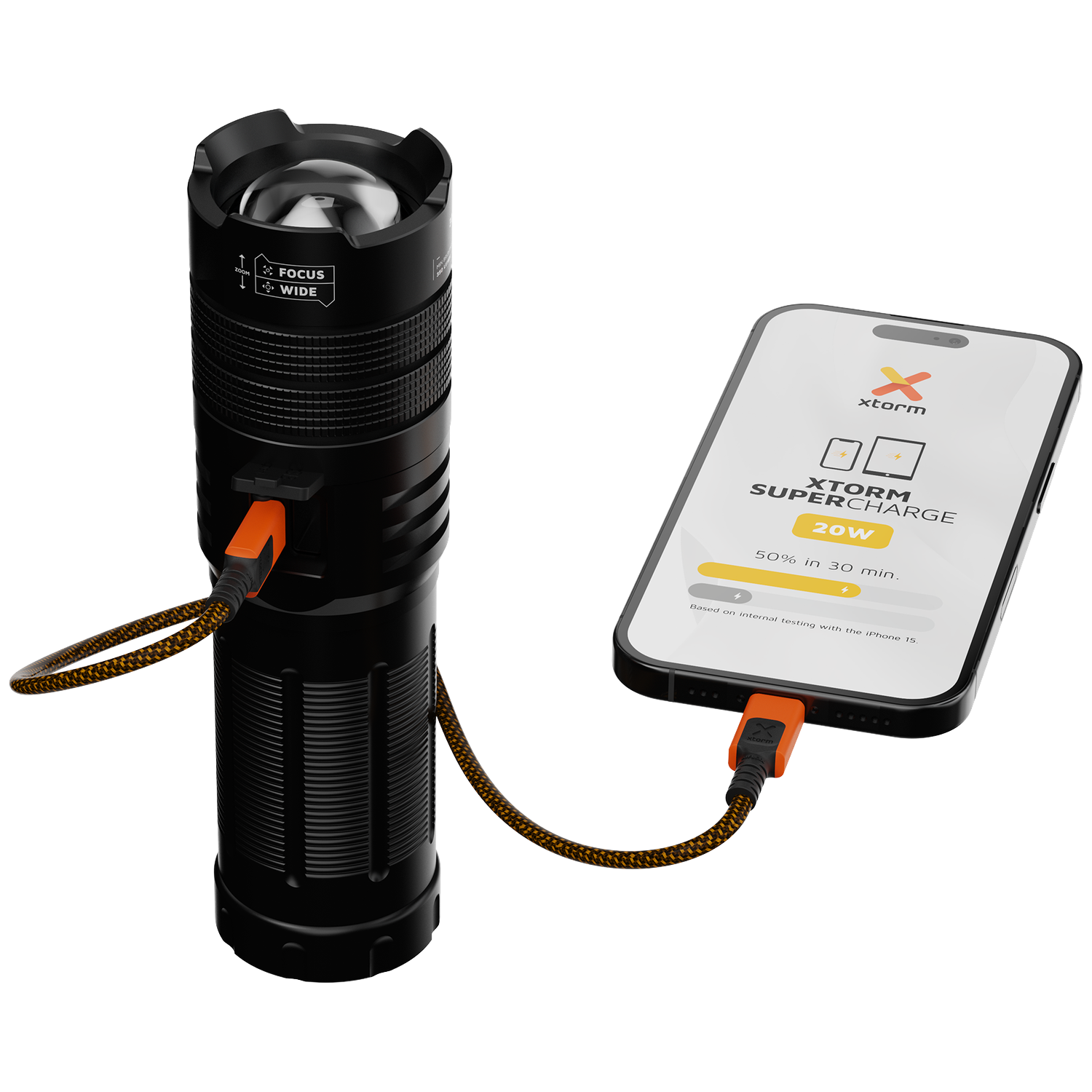 Black flashlight connected by orange cable to charge a smartphone.