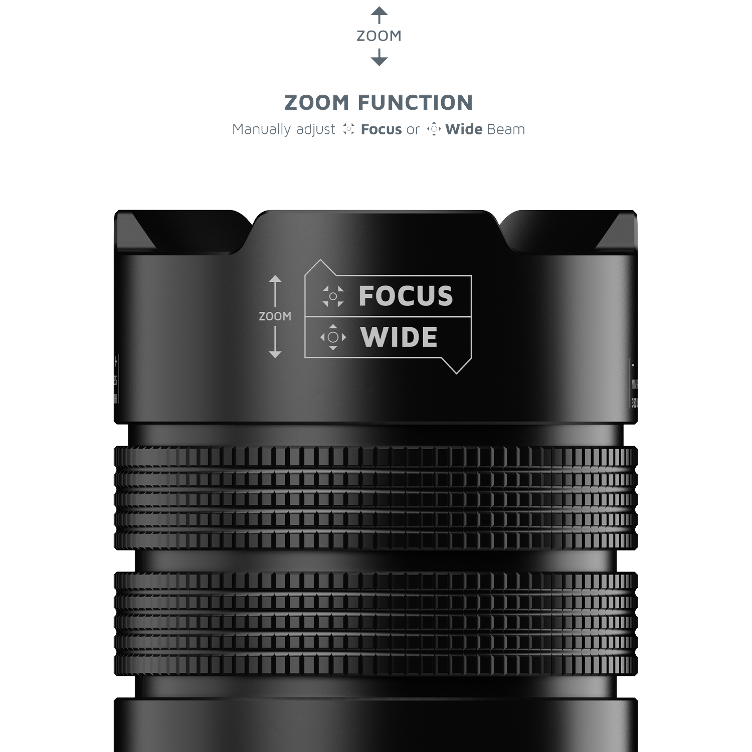 Black lens with zoom function indicator showing focus or wide beam options.