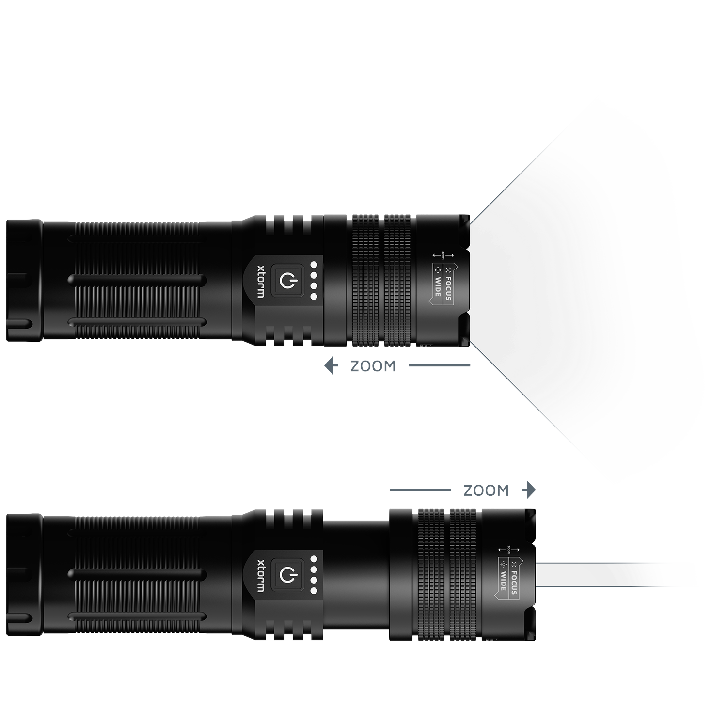 Black flashlight with zoom function, illuminating a wide or focused beam.