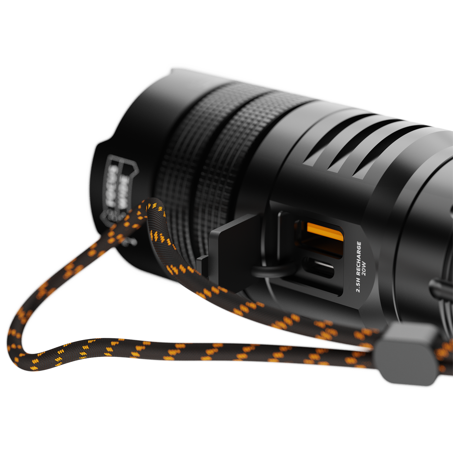 Black flashlight with orange and black lanyard and USB ports.
