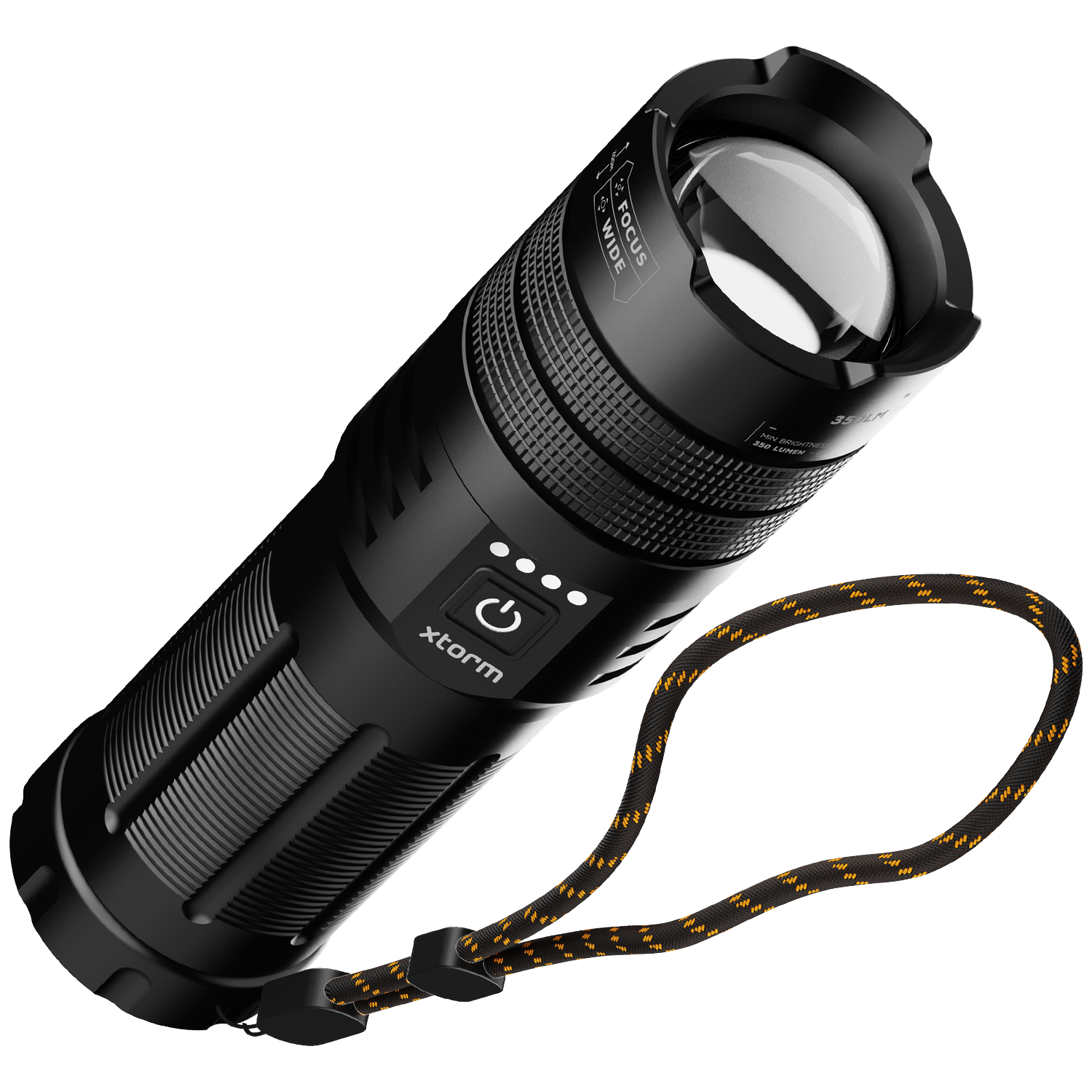 A black Xstorm flashlight with a focus/wide adjustment ring and wrist strap.