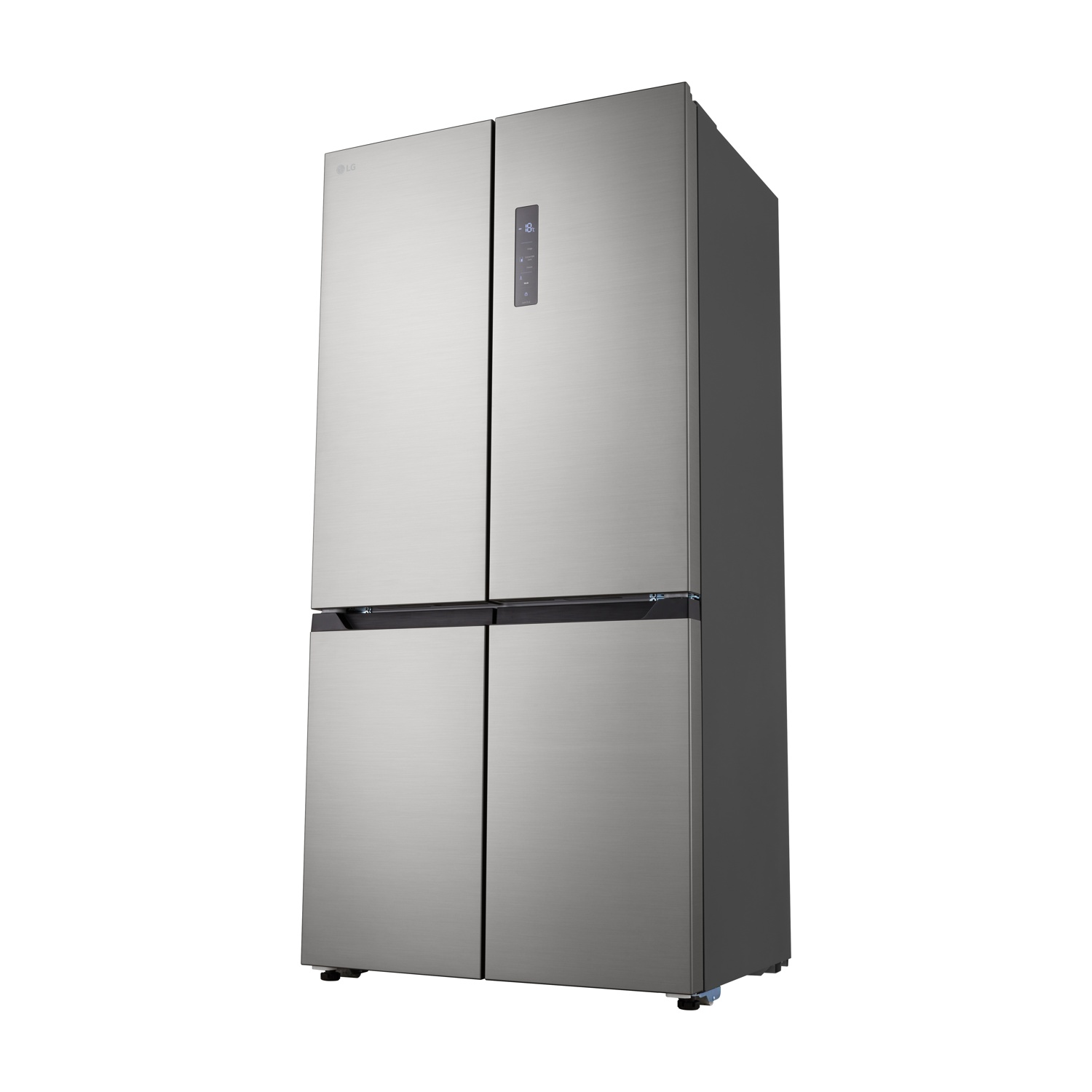 Frigorifero LG argento a quattro porte con display digitale.