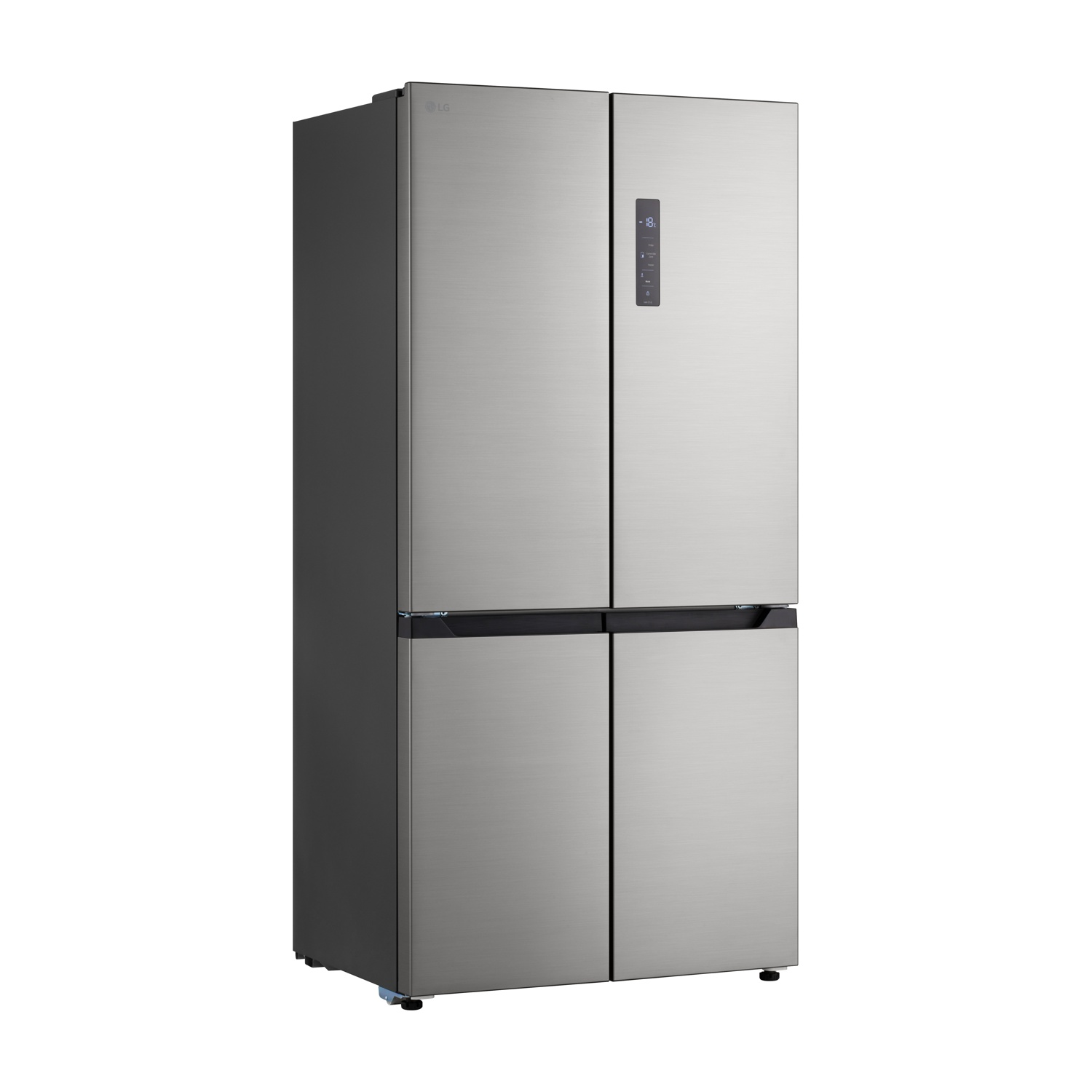 Un frigorifero LG argento a quattro porte con display digitale.
