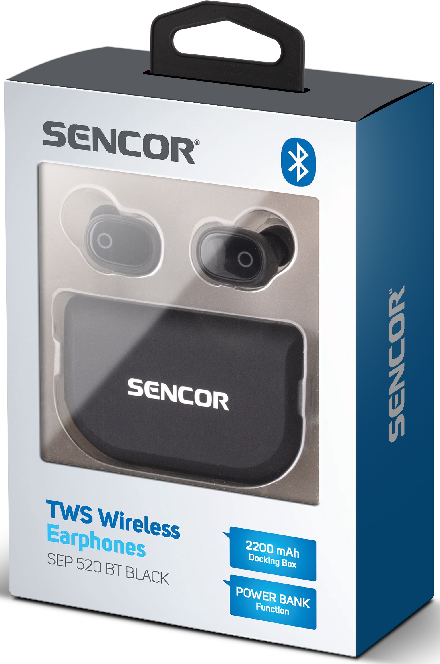 SENCOR TWS fülhallgató fekete csomagolásban, töltőtokkal és Bluetooth szimbólummal.