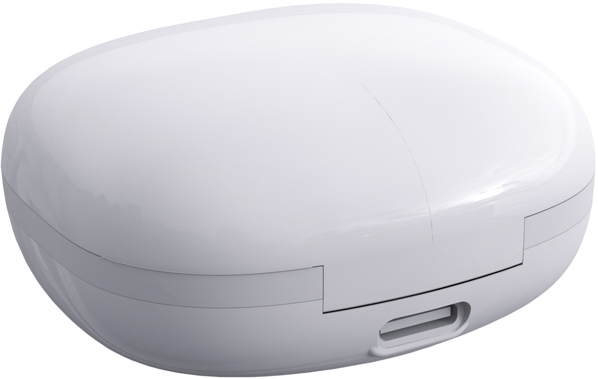 Zárt, fehér töltőtok vezeték nélküli fülhallgatókhoz USB-C porttal.