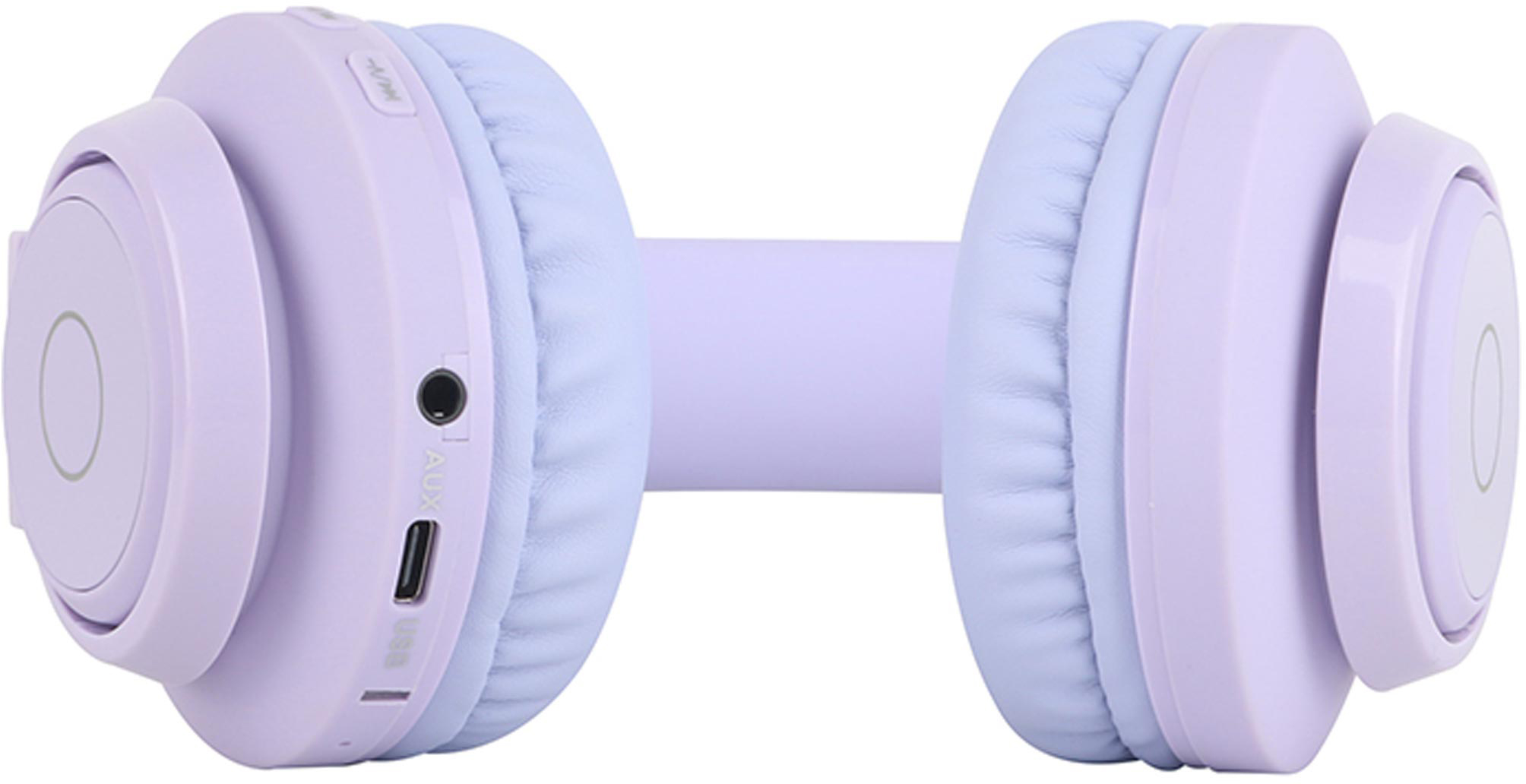 Világoslila fejhallgató aux és USB portokkal a bal oldalon.