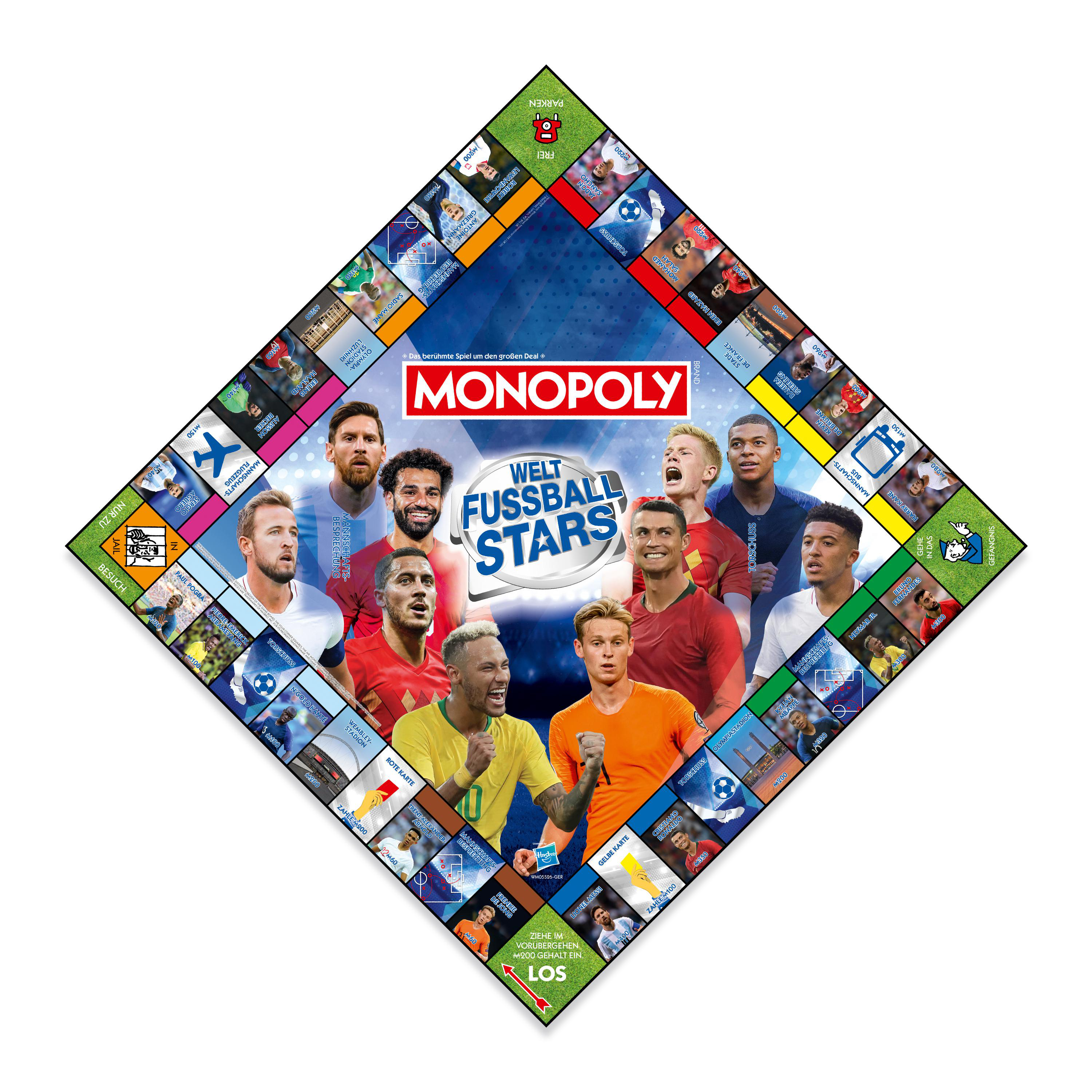 Monopoly Welt Fußball Stars Brettspiel mit Spielern wie Messi und Ronaldo.