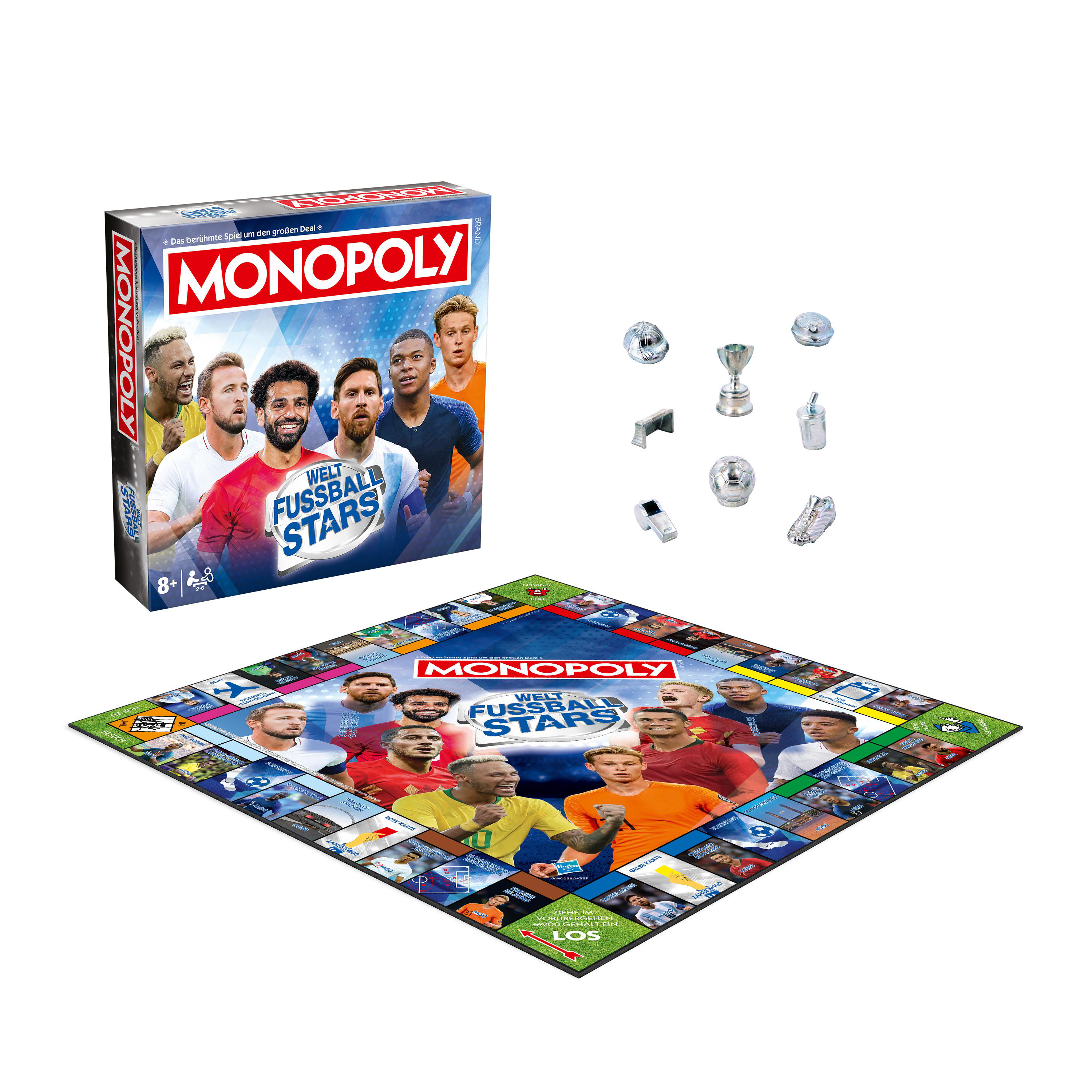 Monopoly Weltfußballstars Spielbrett, Box und Spielfiguren auf weißem Hintergrund.