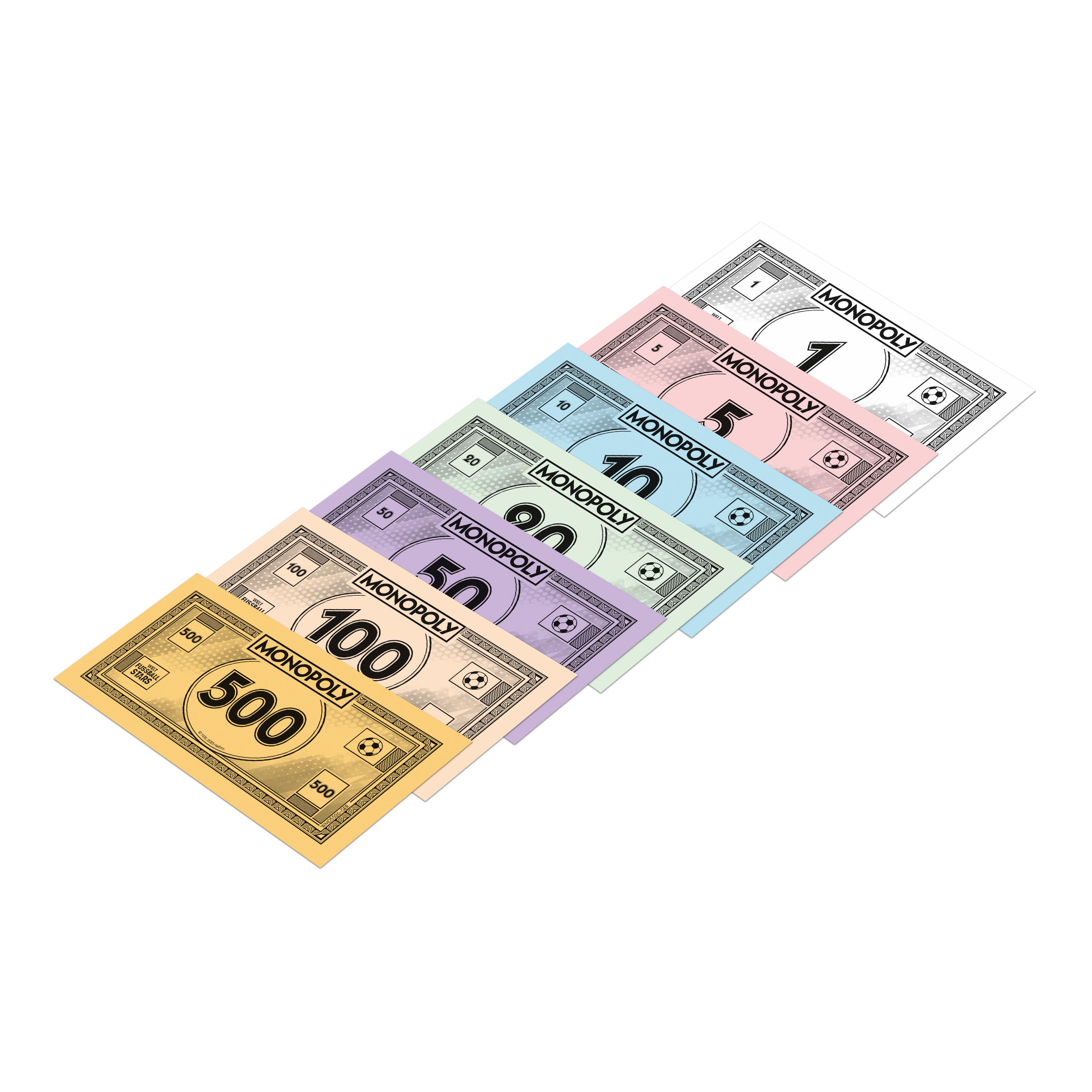 Monopoly-Scheine in verschiedenen Farben und Werten, von 1 bis 500.