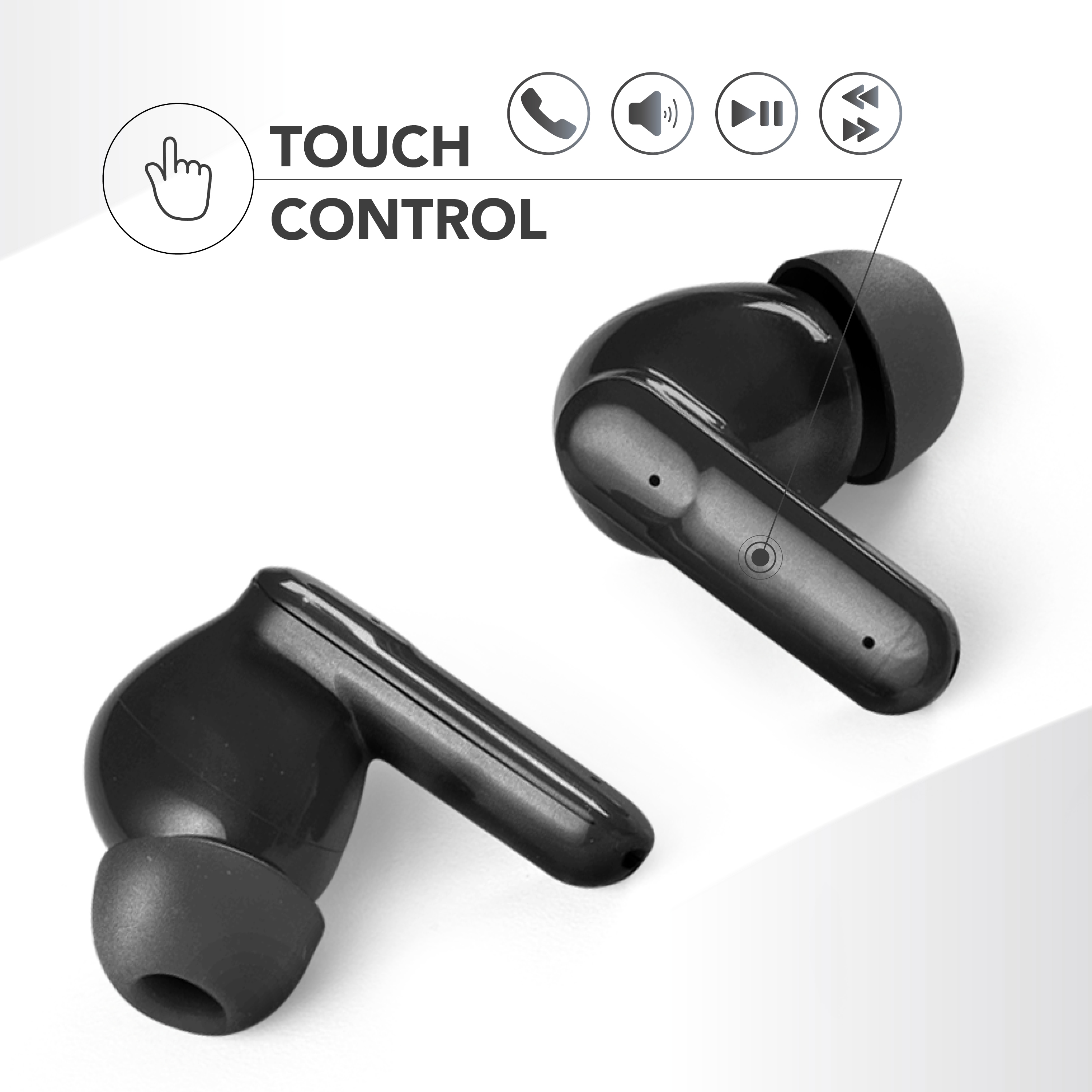 Zwei schwarze kabellose Ohrhörer auf weißem Hintergrund mit Touch-Steuerungs-Symbolen.