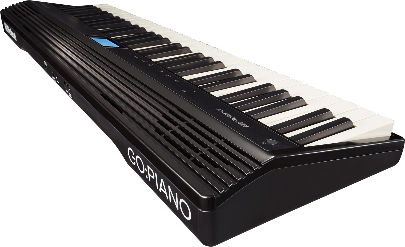Un Roland GO: PIANO noir avec touches blanches et noires, vue rapprochée.